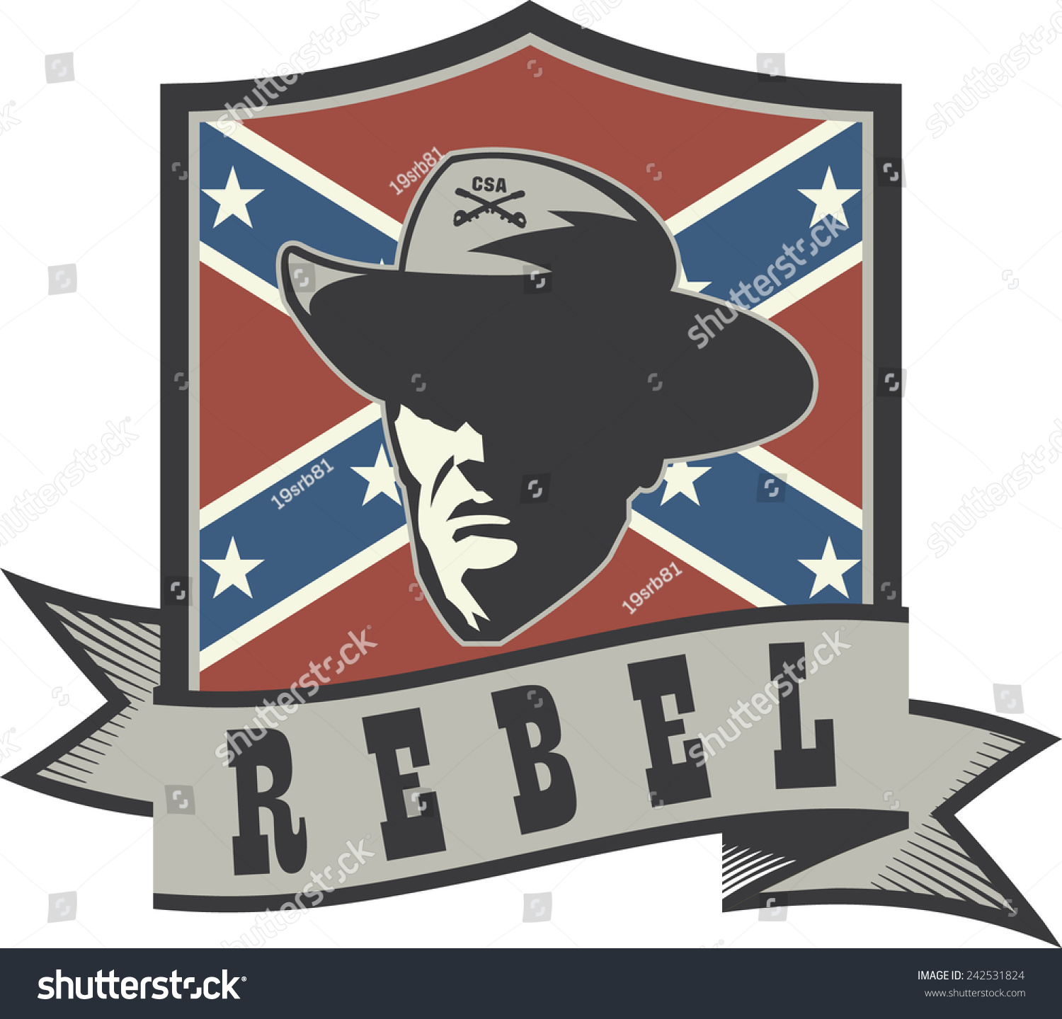 SVG of Emblem with rebel confederate officer, battle flag and ribbon svg