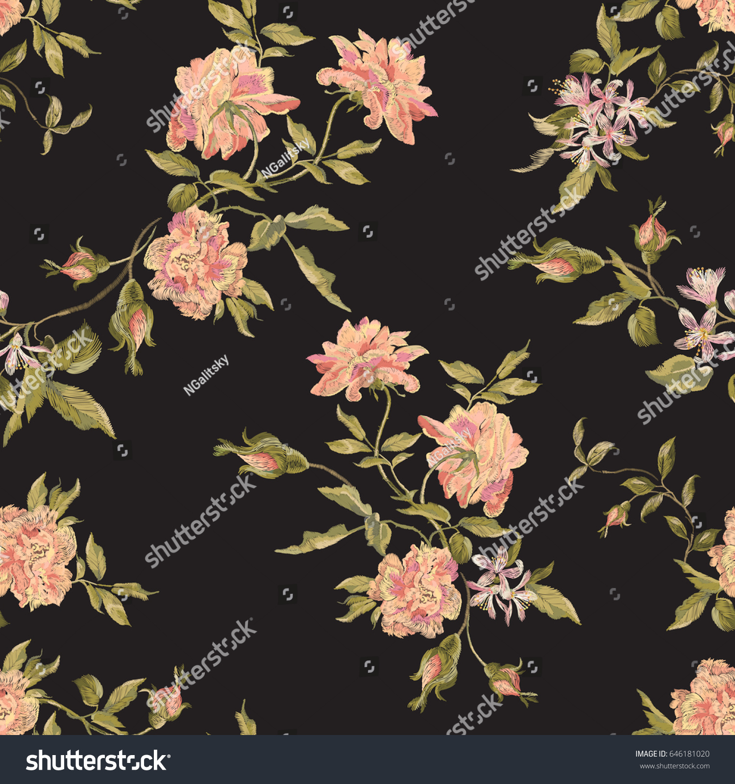 Embroidery Seamless Floral Pattern Peonies Blossom Stock Vector ...