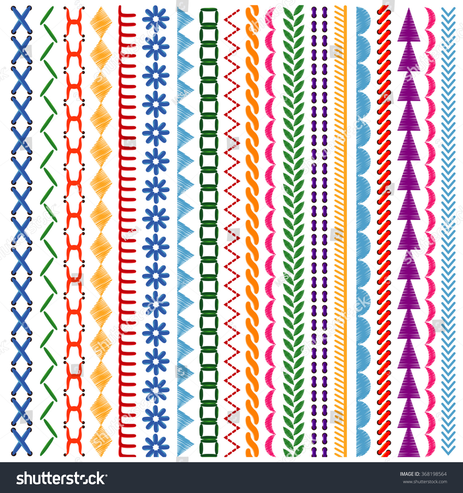 Embroidery Stitches Vector Seamless Patterns And Borders Set. Ethnic ...