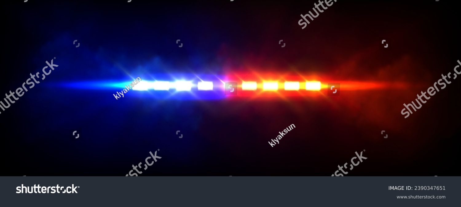 SVG of Emergency or police car siren flashing lights with overlay effect. Realistic vector illustration of red and blue cop or ambulance vehicle flare with beams surrounded by fog on dark night background. svg