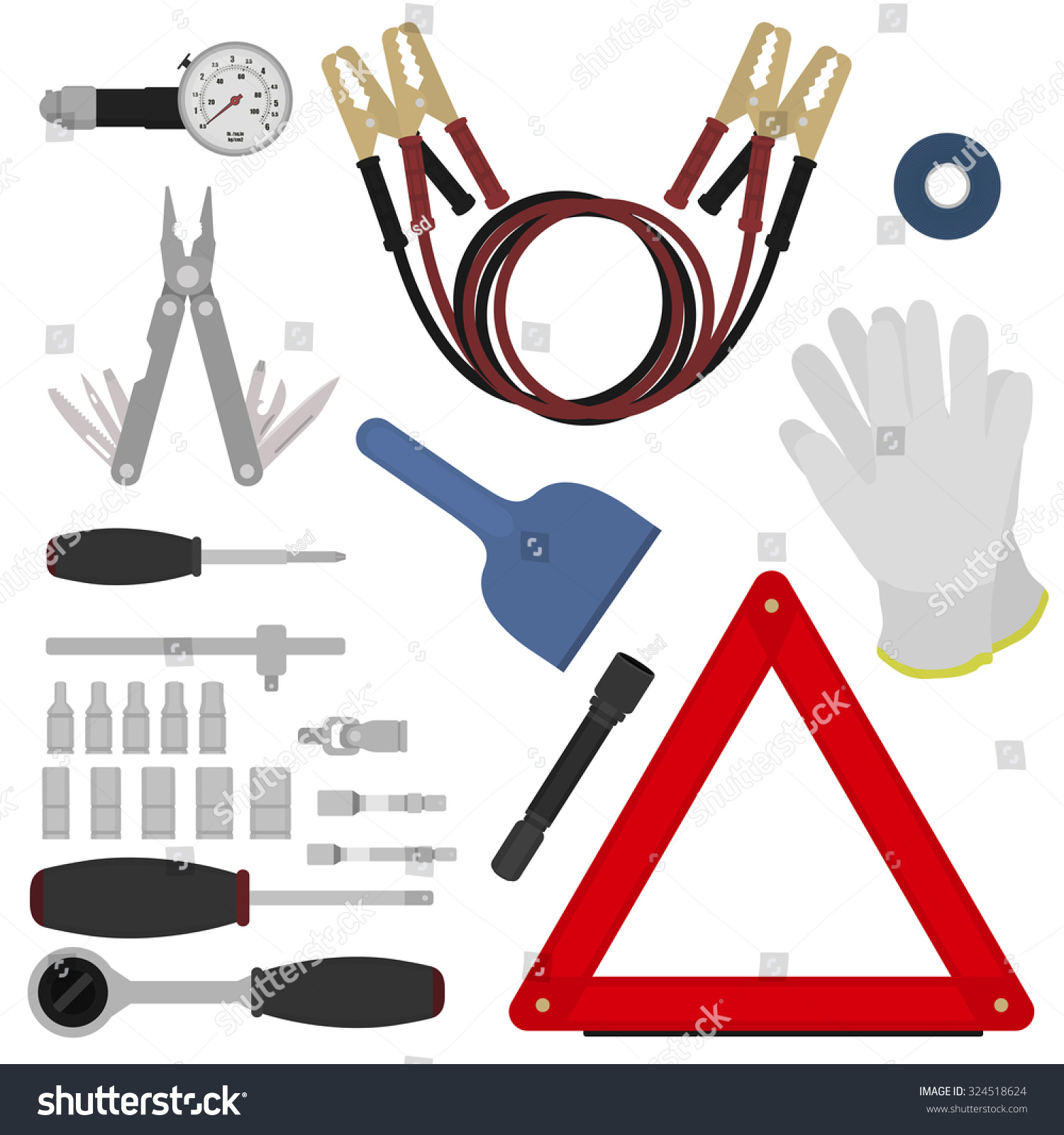 SVG of Emergency road kit items set. Car service and repairing equipment. Auto mechanic tools. Ice scraper and jumper cables. Triangle warning sign and flashlight. Vector isolated illustrations. Color svg