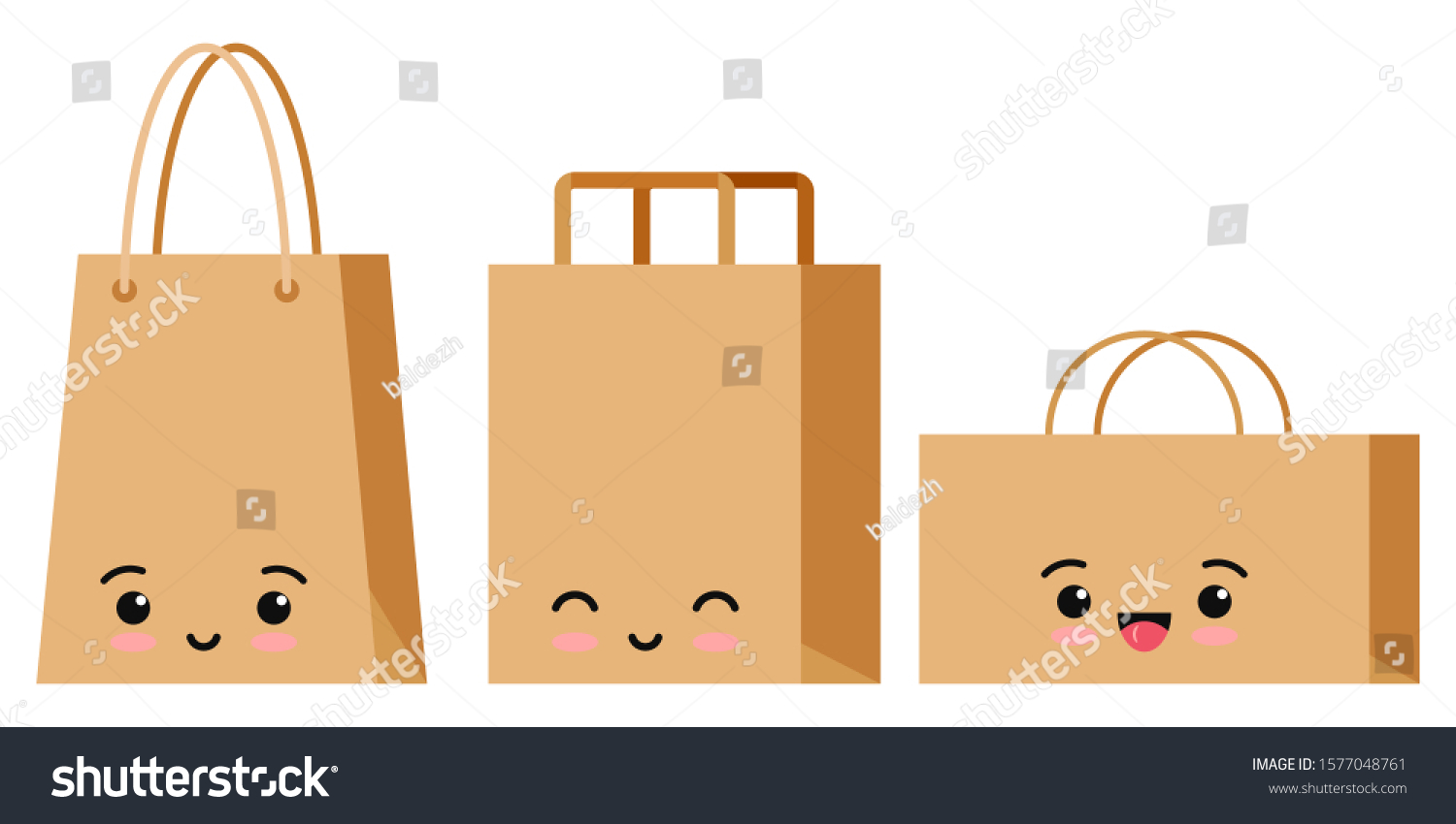 SVG of Emoji character packaging for goods set isolated on white background. Kawaii kraft brown cardboard supermarket, shop, restaurant, fast food package emoticon. Vector flat design pack icon illustration. svg