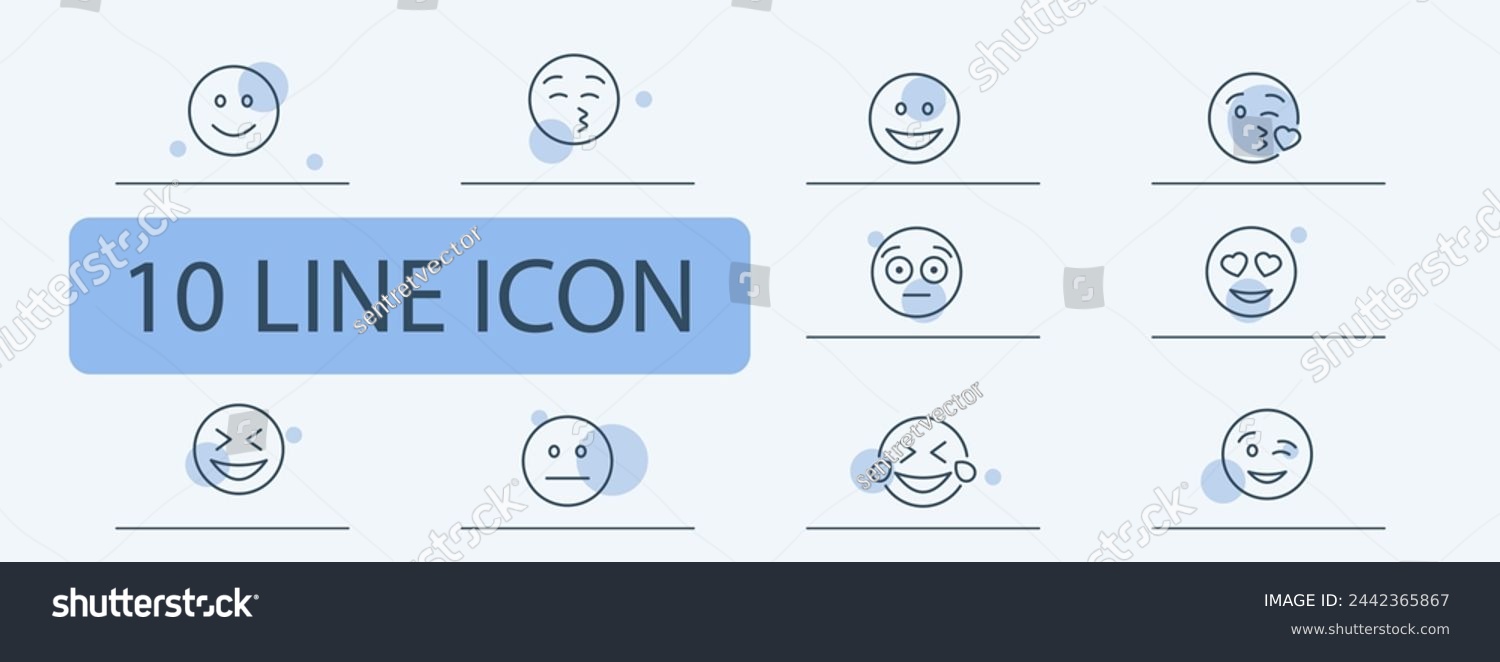 SVG of Emoji icon set. Wink, surprise, opening eyes, blowing a kiss, smiling, happiness. 10 line icon style. Vector line icon for business and advertising svg