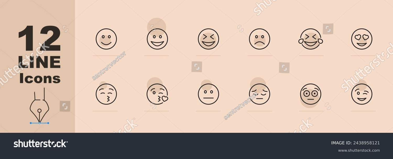 SVG of Emoji icon set. Wink, surprise, opening eyes, blowing a kiss, smiling, happiness. Pastel color background. Vector line icon for Business svg