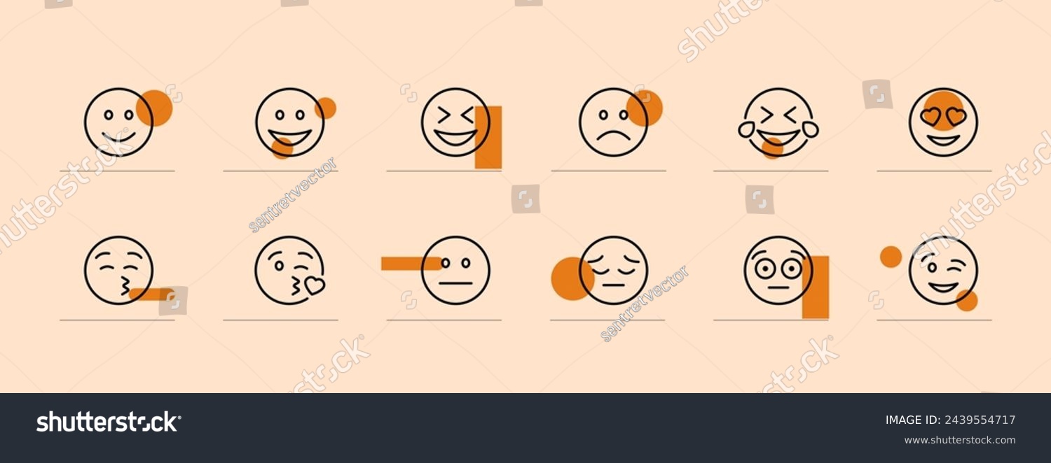SVG of Emoji icon set. Wink, surprise, opening eyes, blowing a kiss, smiling, happiness. Pastel color background. Vector line icon for business and advertising svg
