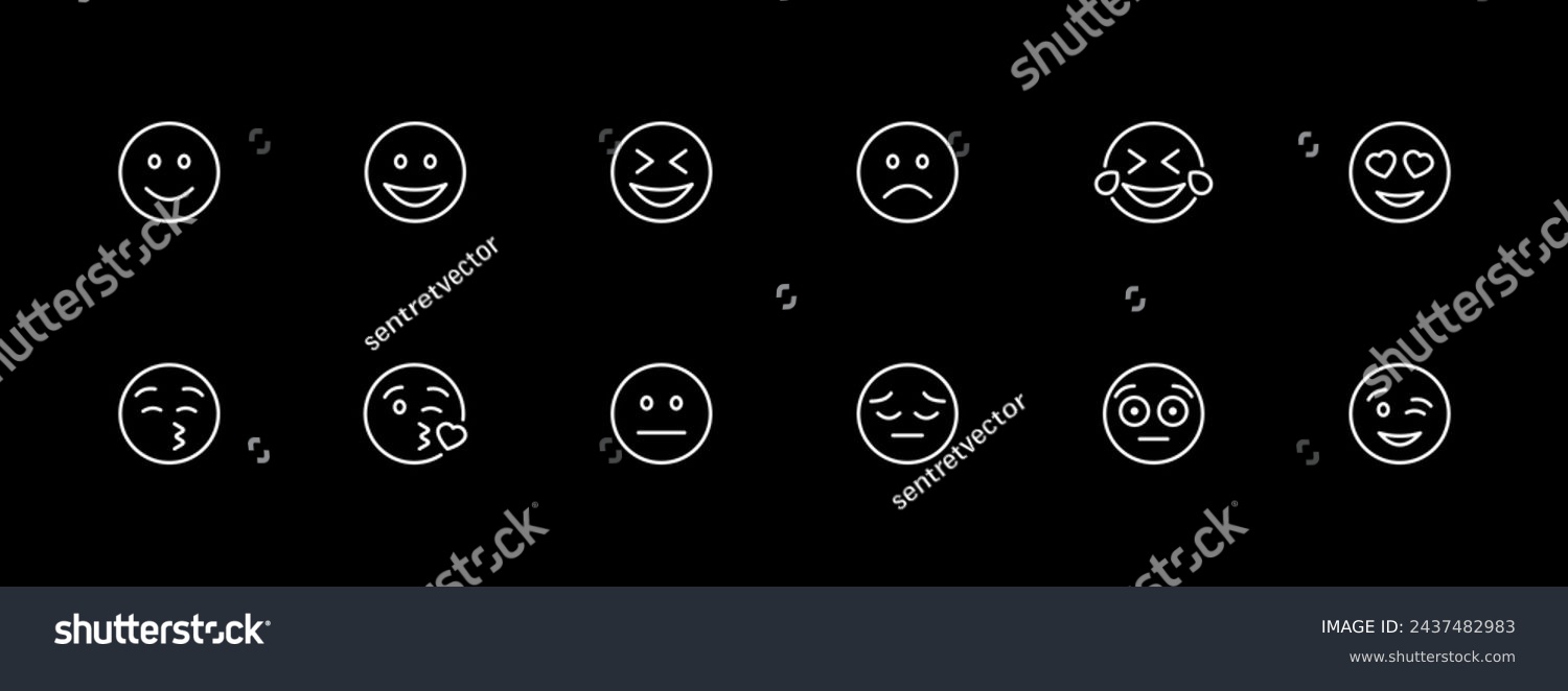 SVG of Emoji icon set. Wink, surprise, opening eyes, blowing a kiss, smiling, happiness. White line icon on black background. Vector line icon for business and advertising svg