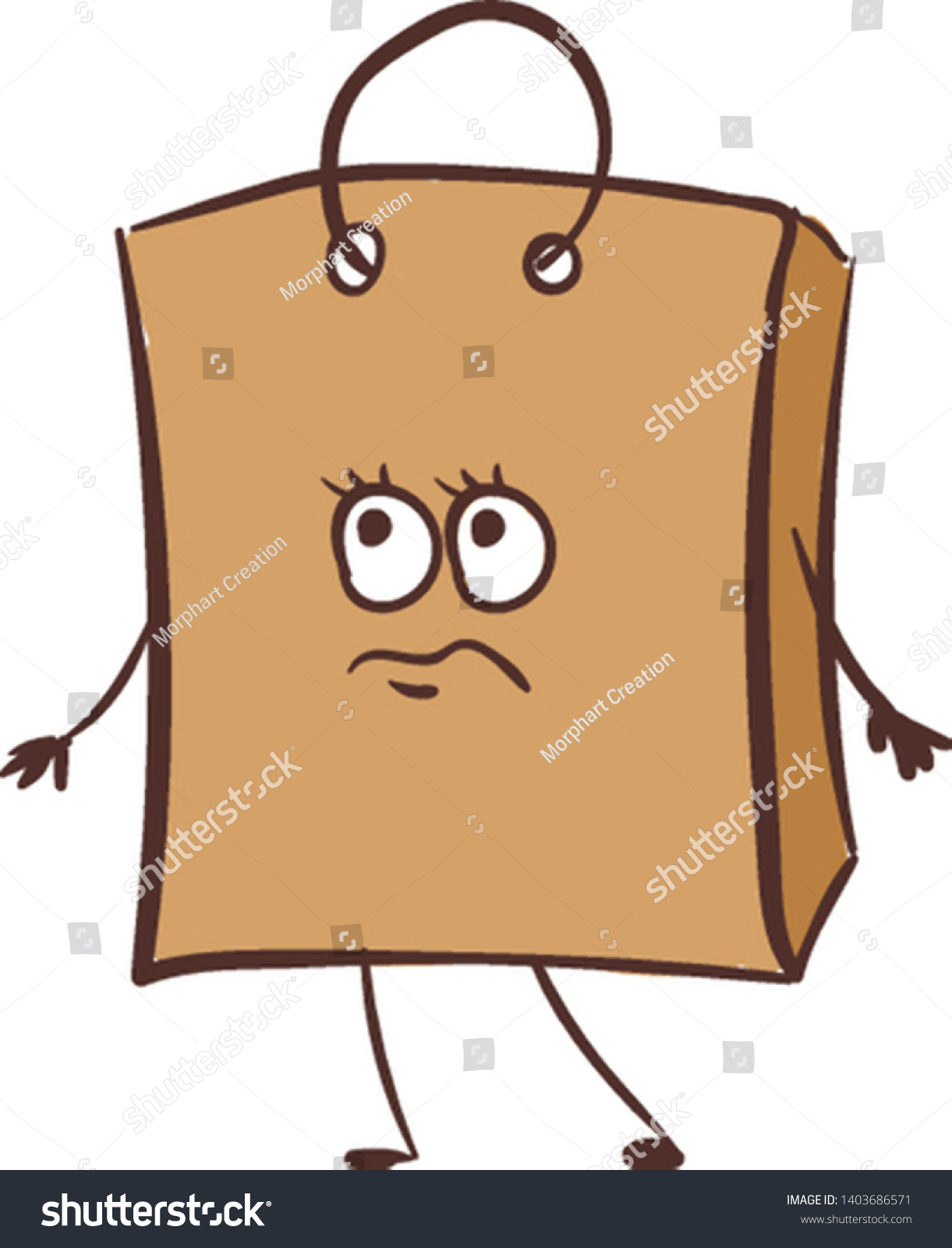 SVG of Emoji of a brown paper bag ideal for gift purposes or carrying light-weight clothes has a cute little face with eyes rolled up expresses sadness while standing, vector, color drawing or illustration. svg