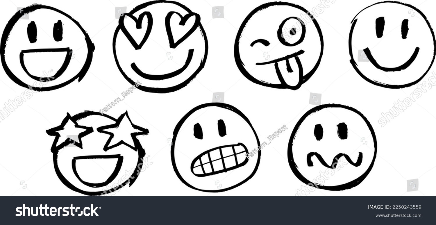 SVG of Emojis, different expressions. Vector faces. Afraid, confused, gleeful, happy, star-eyed, in love, crazy, tongue out. Blinking eyes. Hand drawing with marker pen. Brush, isolated on white background. svg