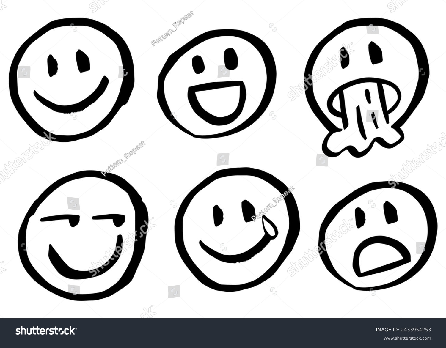 SVG of Emojis, different expressions. Vector faces. Afraid, confused, gleeful, happy, star-eyed, in love, crazy, tongue out. Blinking eyes. Hand drawing with marker pen. Brush, isolated on white background. svg