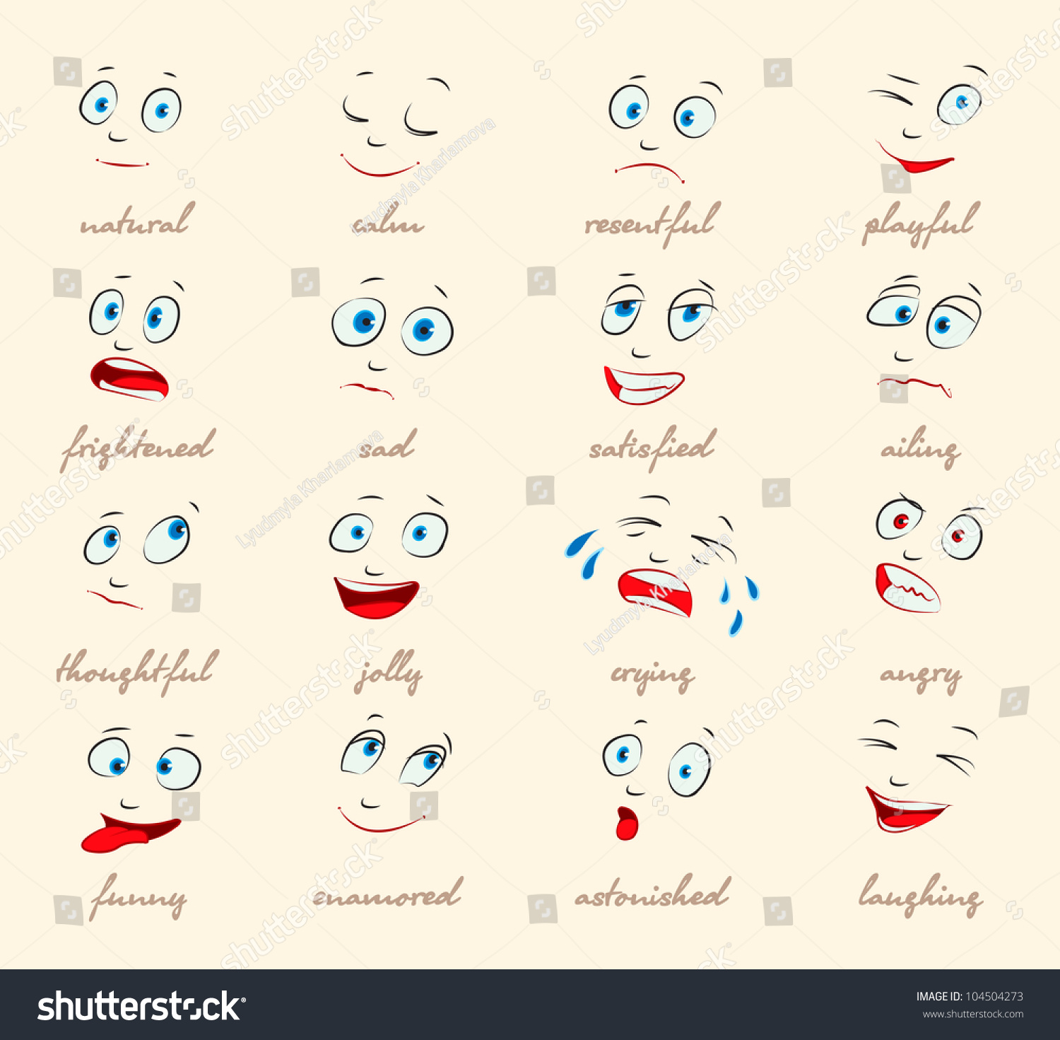 Emotions. Cartoon Facial Expressions Set. ( Natural, Calm, Resentful ...