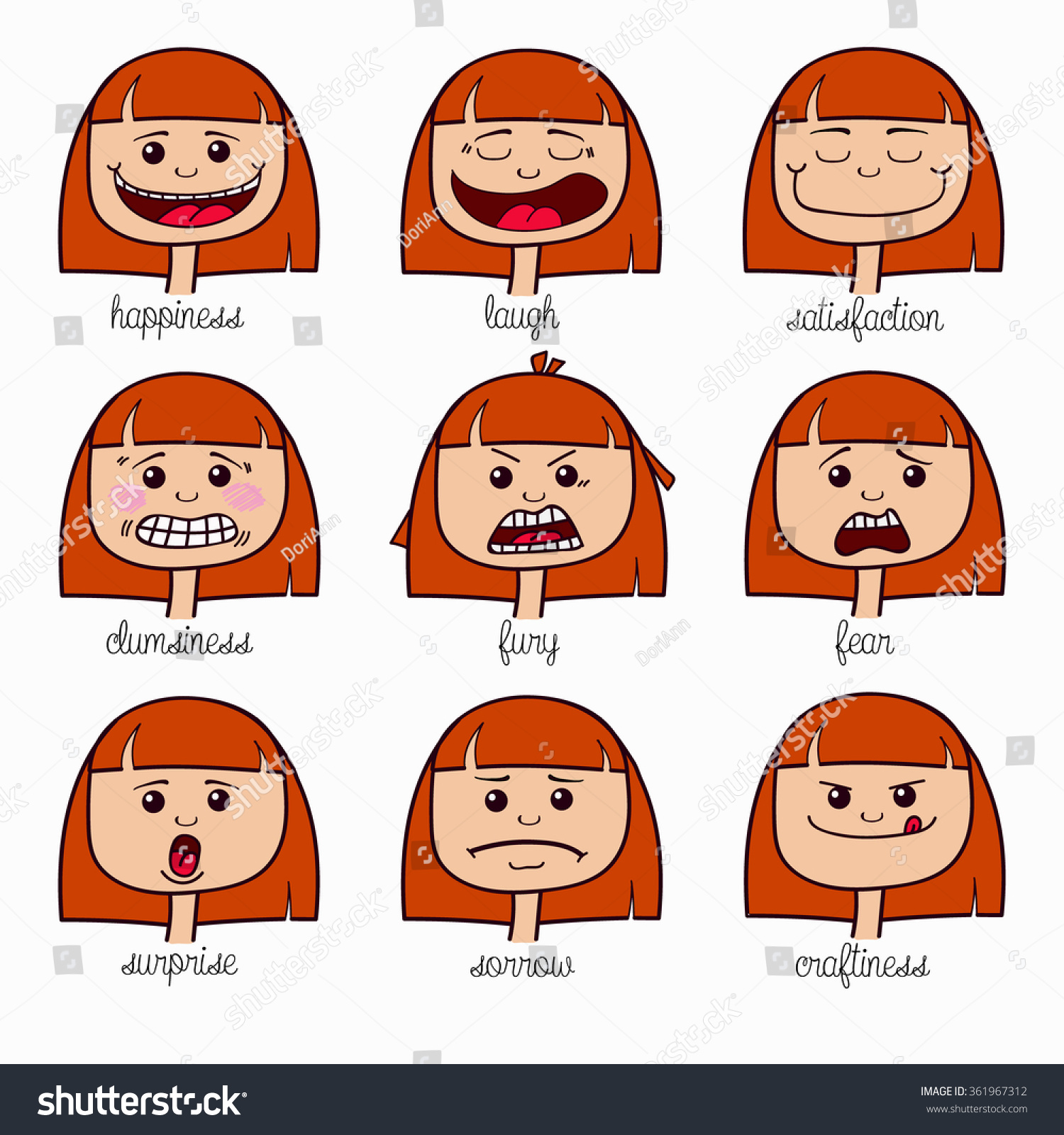 Emotions Girl Cartoon Set Vector Illustration Stock Vector (Royalty ...