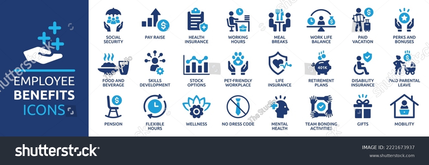 SVG of Employee benefits icon set. Containing social security, pay raise, health and life insurance, paid vacation, bonus and more icons. Solid icon collection. svg