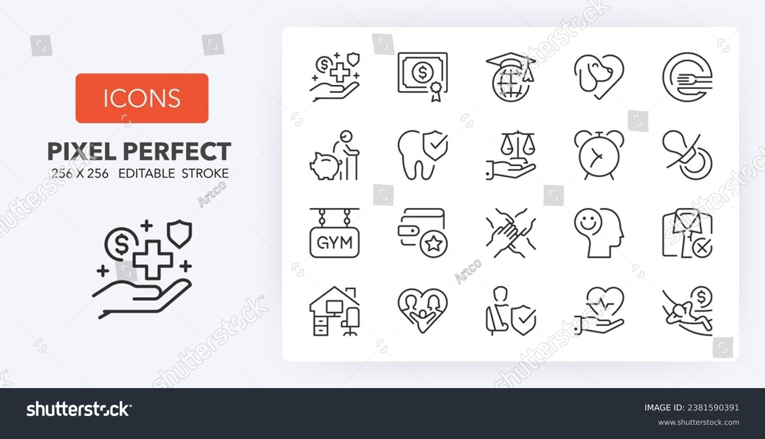 SVG of Employee benefits, thin line icon set. Outline symbol collection. Editable vector stroke. 256x256 Pixel Perfect scalable to 128px, 64px... svg