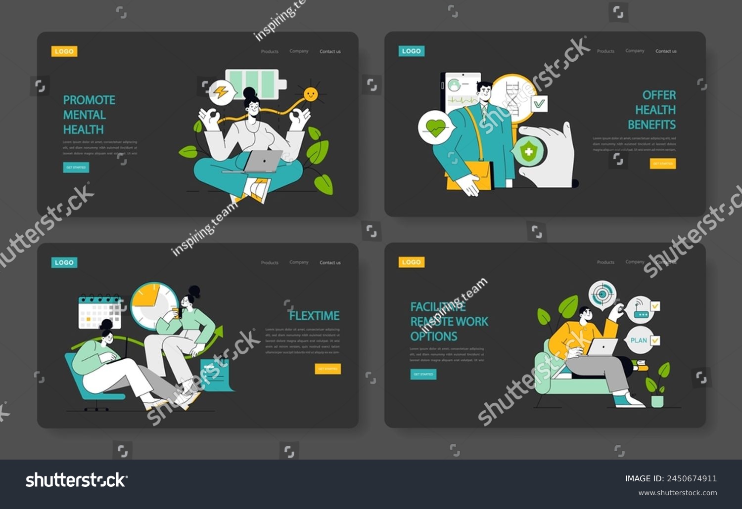 SVG of Employee Well-being concept. Showcases mental health support, comprehensive health benefits, work-life balance through flextime, and remote working solutions. Vector illustration svg
