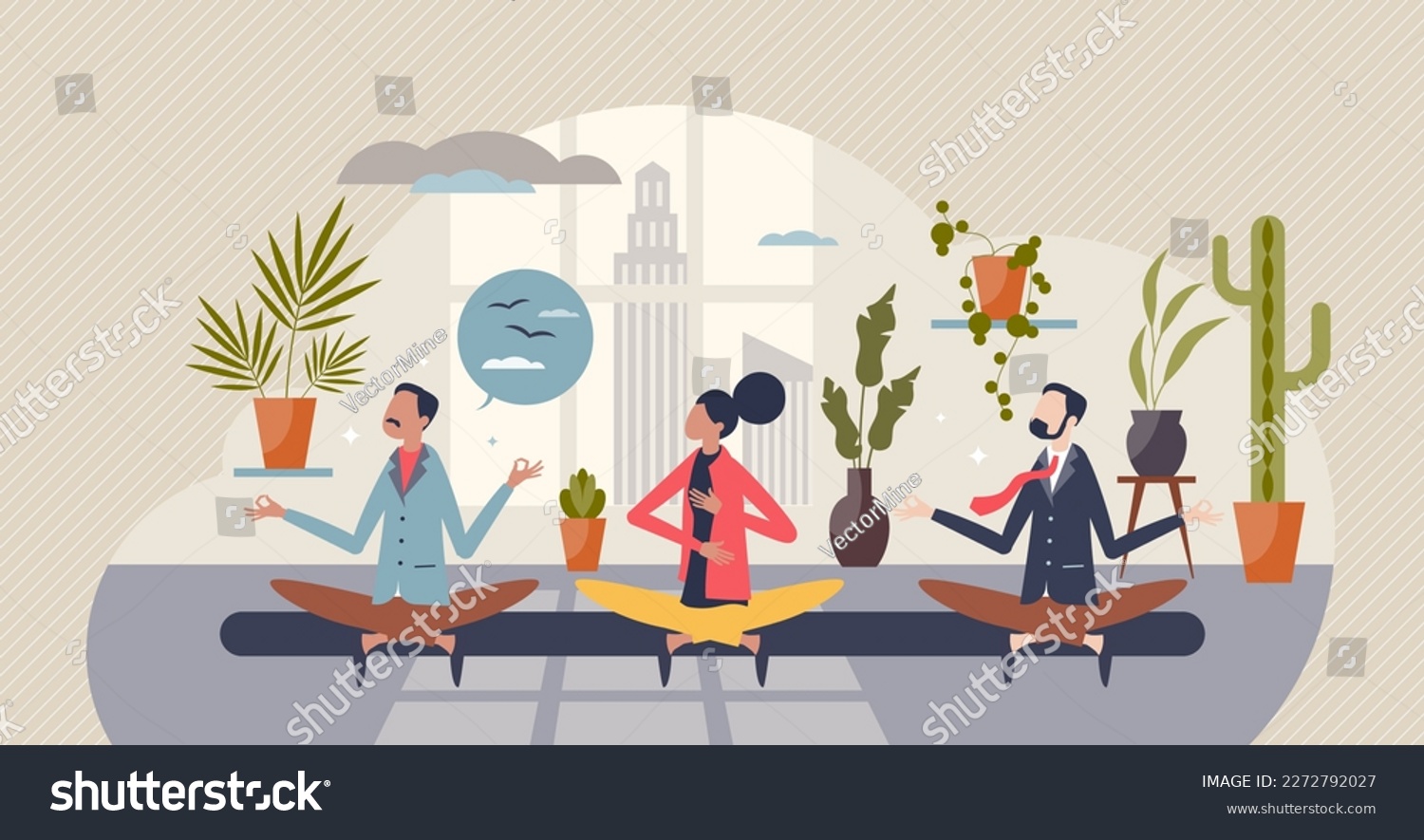 SVG of Employee wellness program or company stress free activity tiny person concept. Yoga or meditation in workplace or office for worker satisfaction, health, productivity and harmony vector illustration. svg