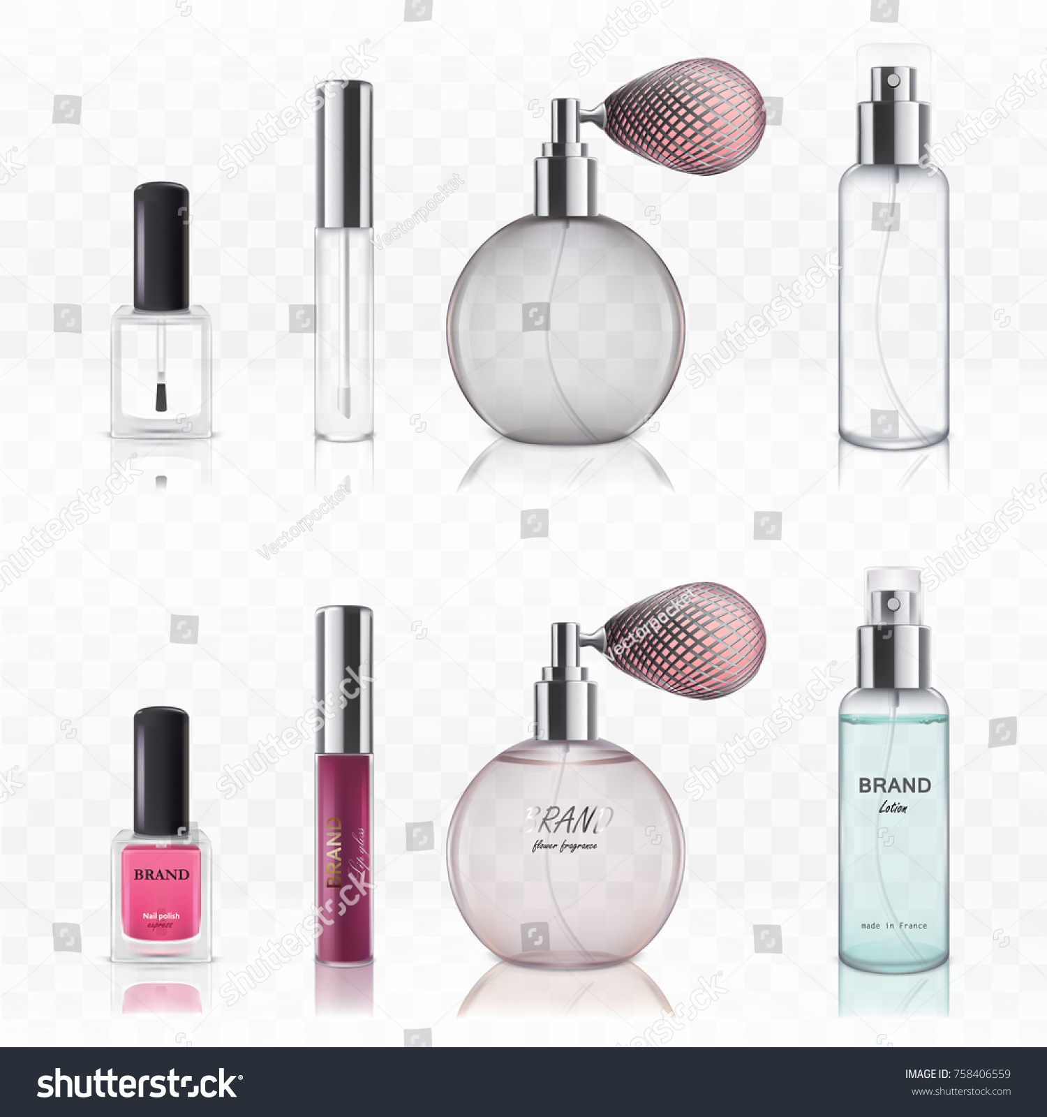 SVG of Empty and full glass cosmetic bottles for lipstick, nail polish, for perfume isolated on white background in a realistic style. Set of vector illustrations svg