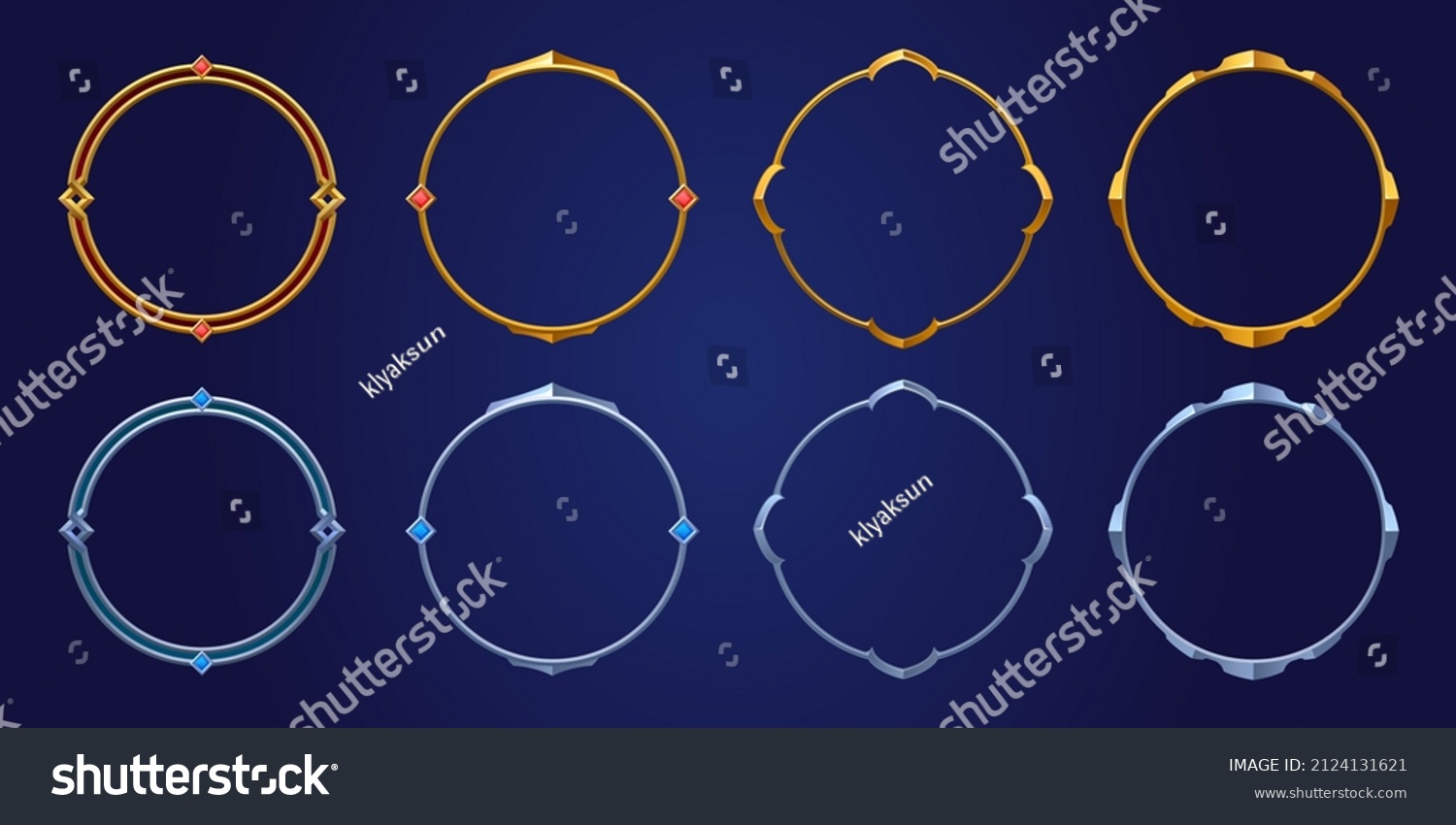 SVG of Empty circle silver and gold frames in medieval style for game ui design. Vector cartoon set of user interface elements with metal border with gems isolated on background svg
