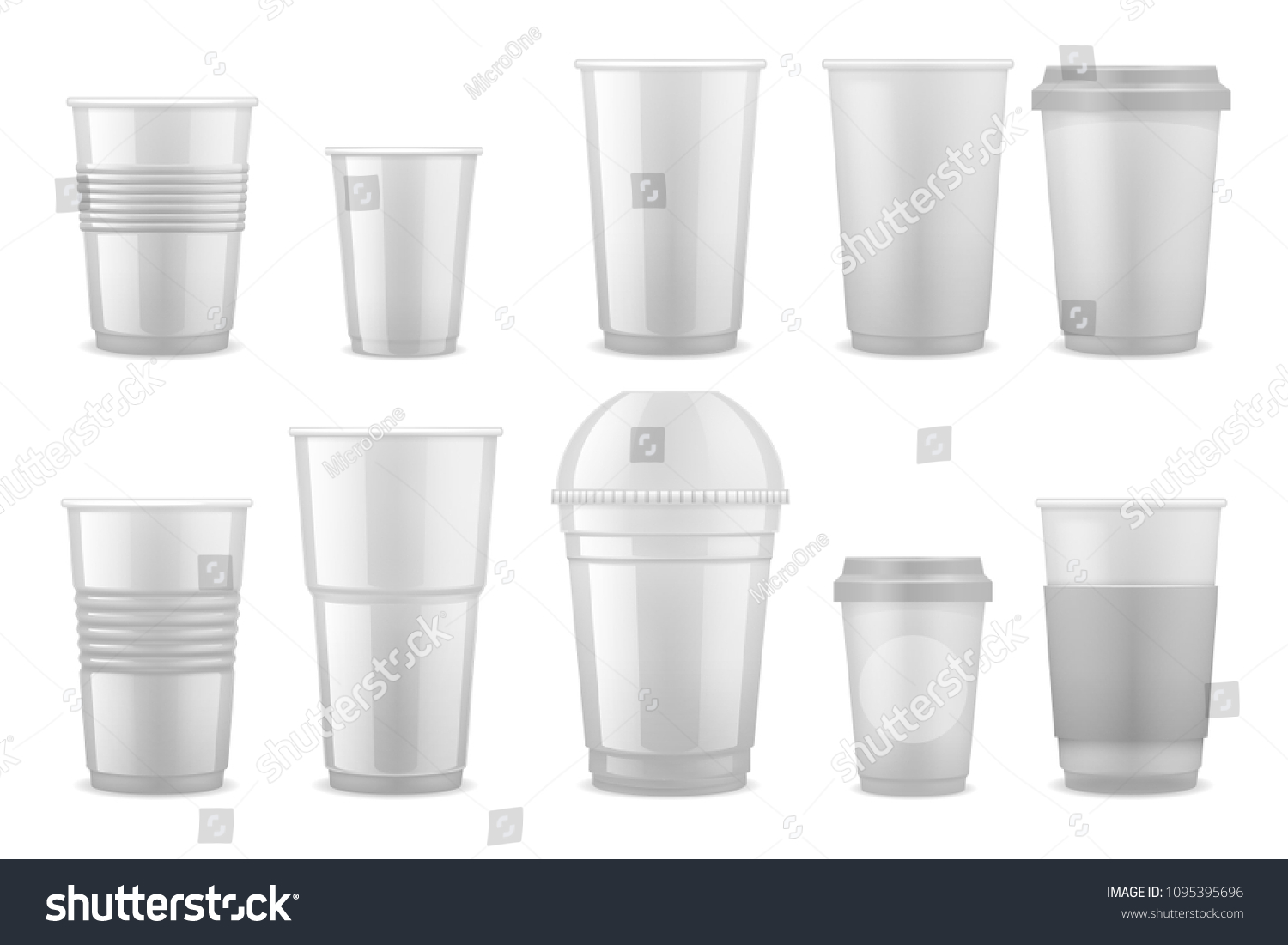 SVG of Empty clear white plastic disposable cups, takeaway containers for cold beverage, soda, tea and coffee vector template isolated. Illustration of cup and mug takeaway, clear container svg