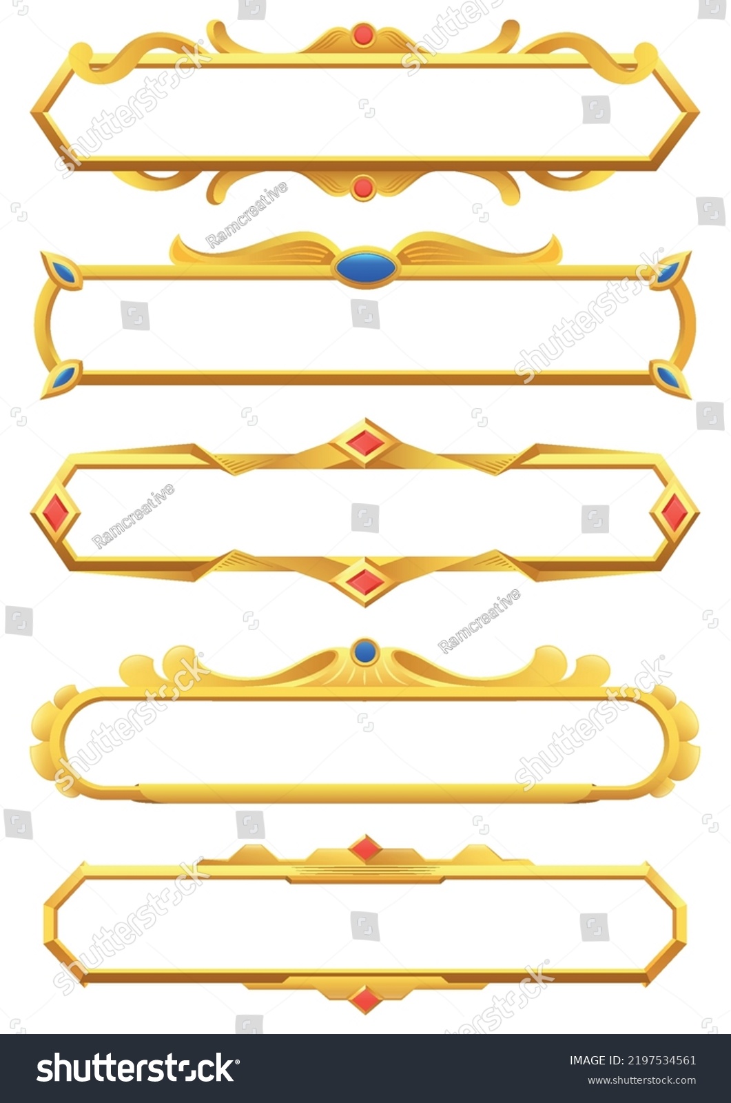 SVG of Empty gold ui frames with gems. Set of game frames in medieval and modern style. svg