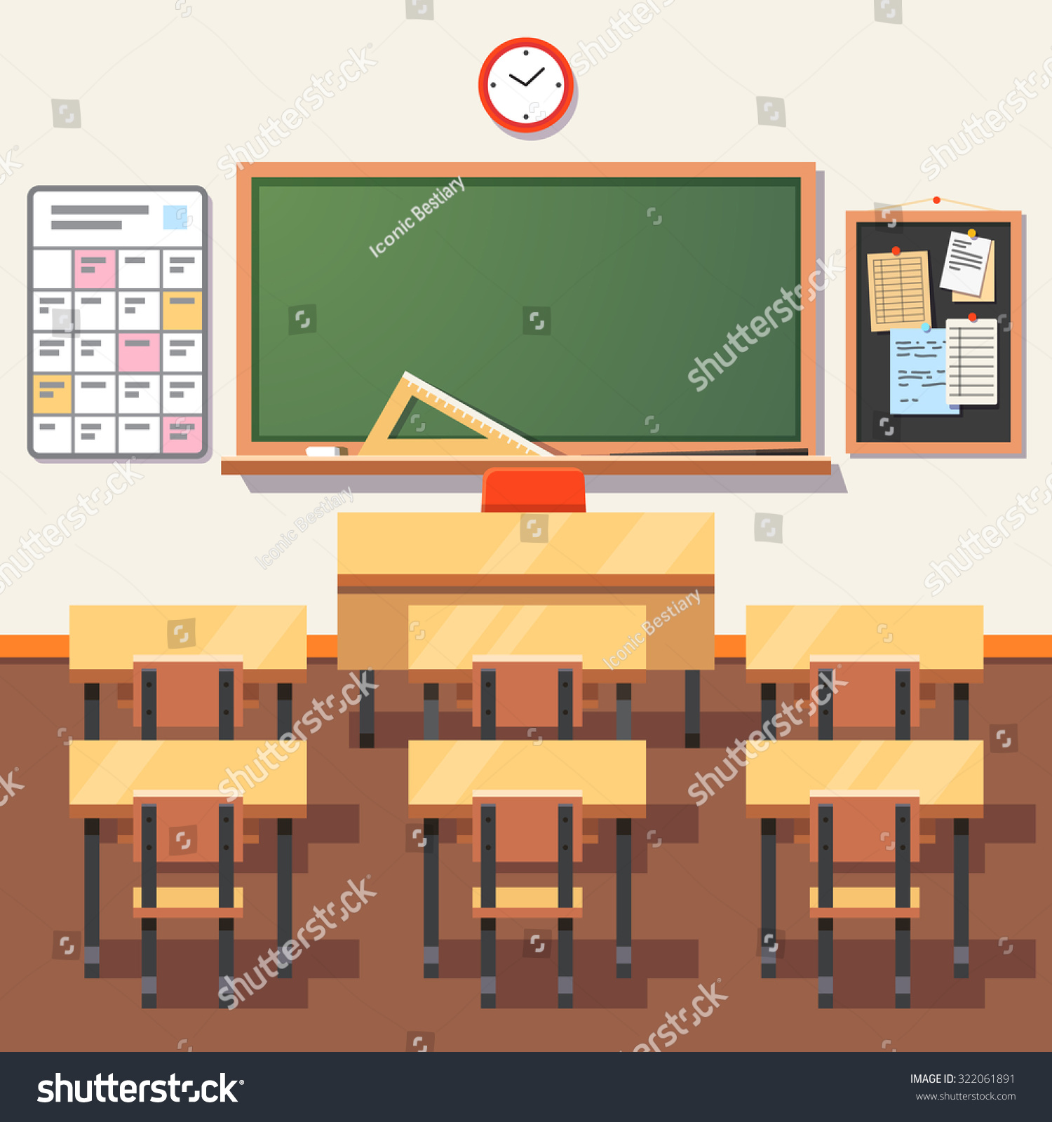 stock vector empty school classroom with green chalkboard teachers desk pupils tables and chairs flat style 322061891