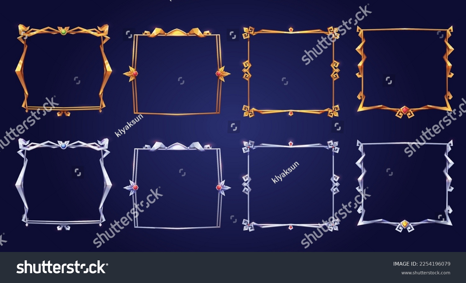 SVG of Empty square silver and gold frames in medieval style for game ui design. Vector cartoon set of user interface elements with metal flourish thin border with gems isolated on background svg