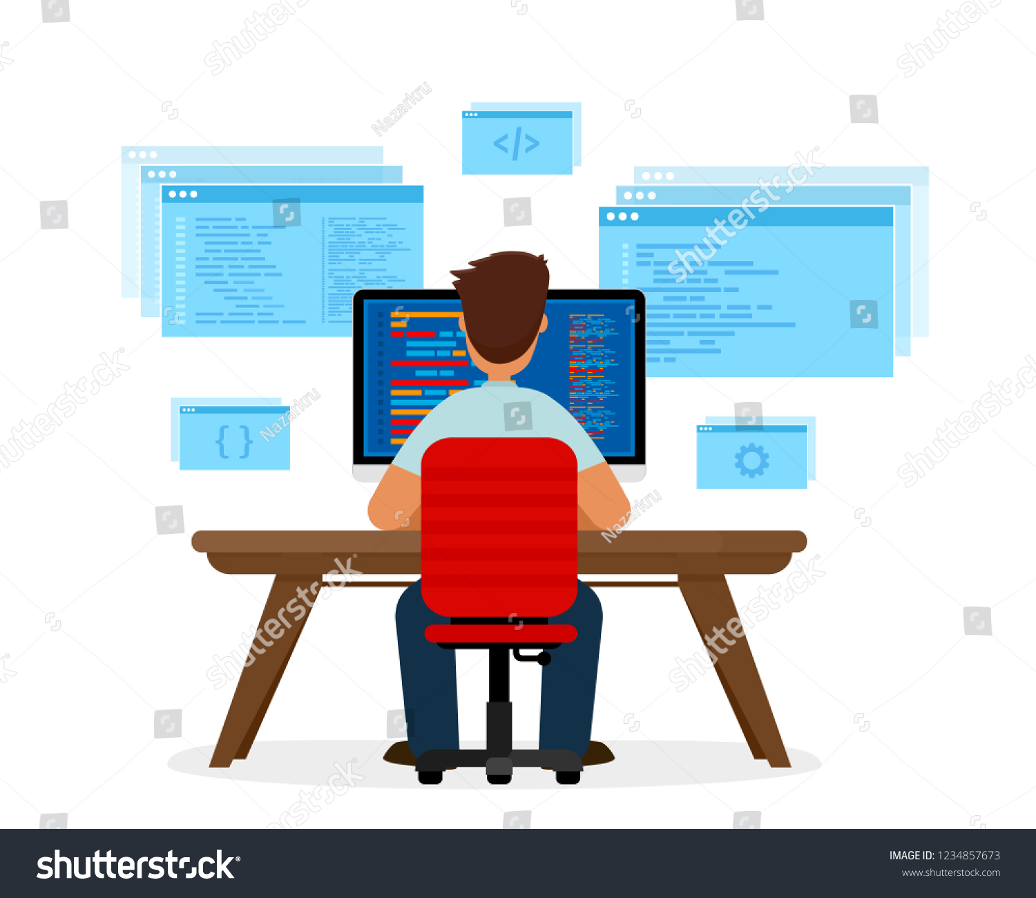 Engineer Programmer Working Desk Programming Concept: เวกเตอร์สต็อก ...