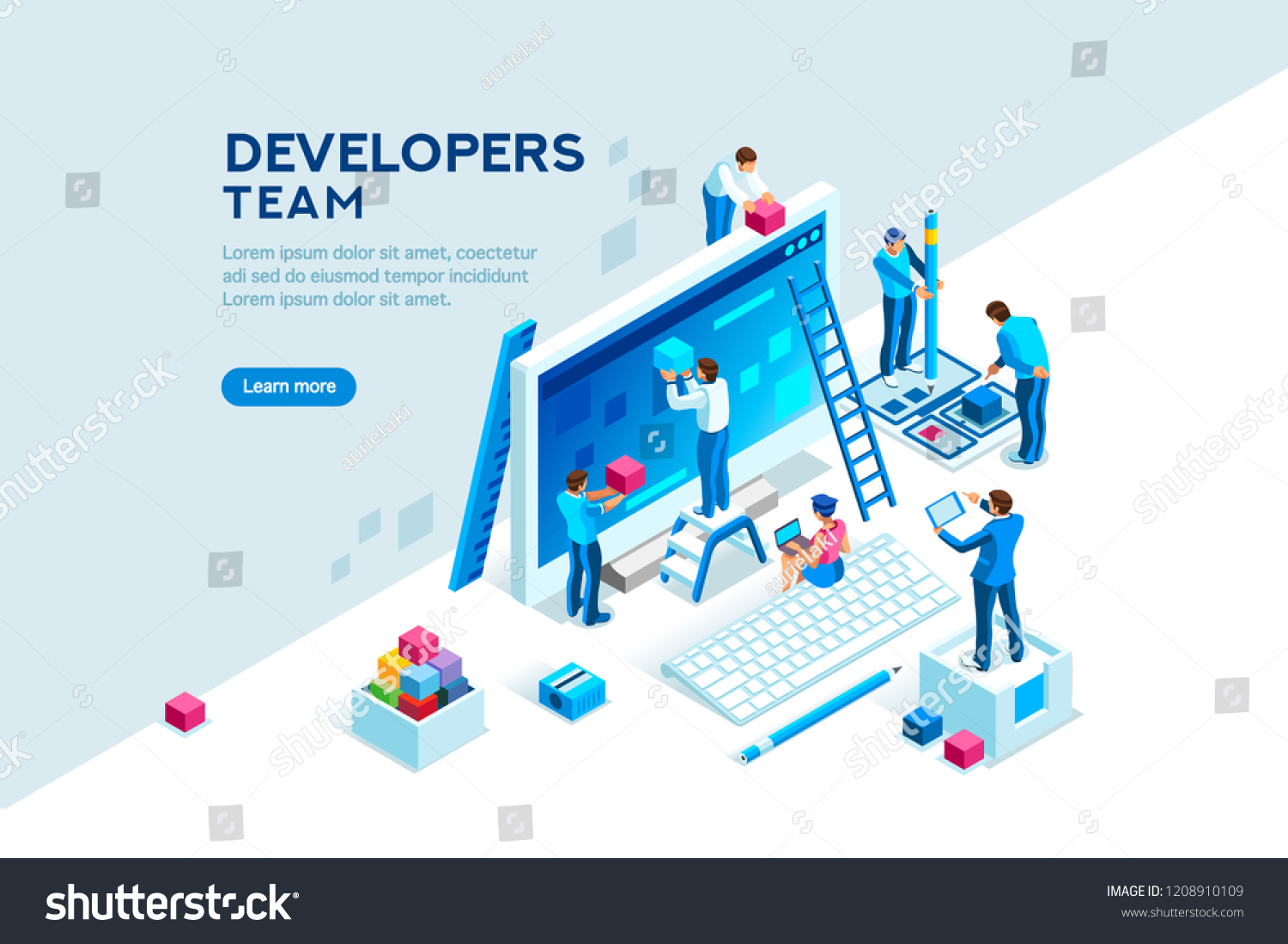 SVG of Engineer team at project development, template for developer. Coding develop, programmer at computer or workstation for business. Concept with character, flat isometric vector illustration svg