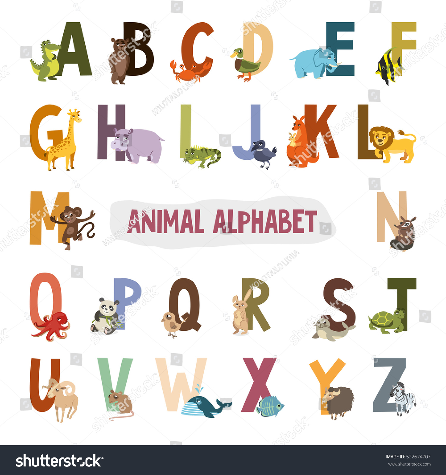 English Alphabet Animals Vector Illustration Pictures Stock Vector