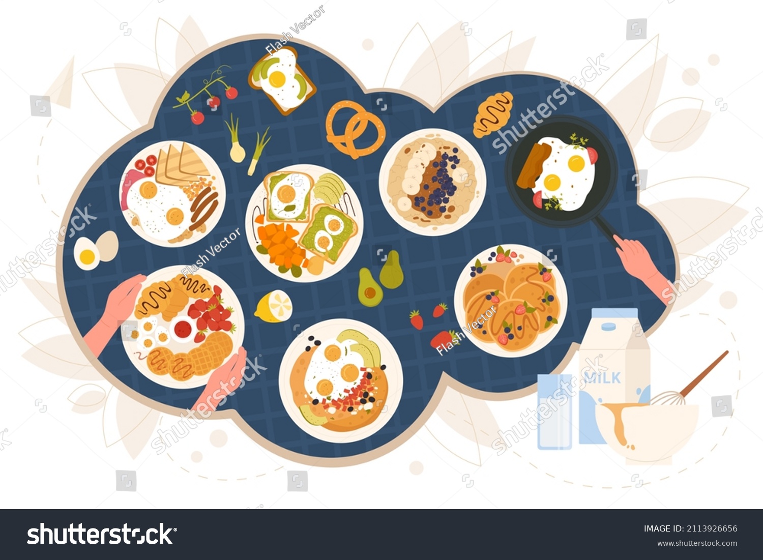SVG of English breakfast on kitchen table, morning food. Top view of hands cooking and eating scrambled and fried eggs with sausages, avocado toasts, pancakes with jam on plates flat vector illustration svg