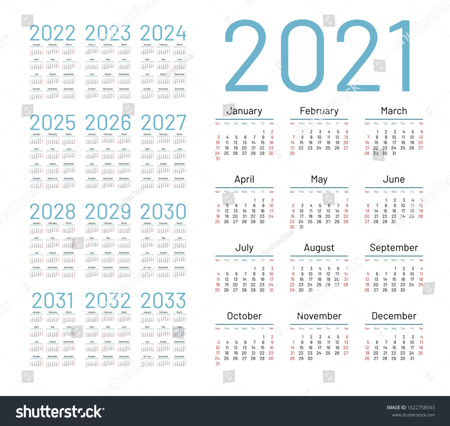 English Calendar Years 20212033 Week Starts Stock Vector (Royalty Free ...