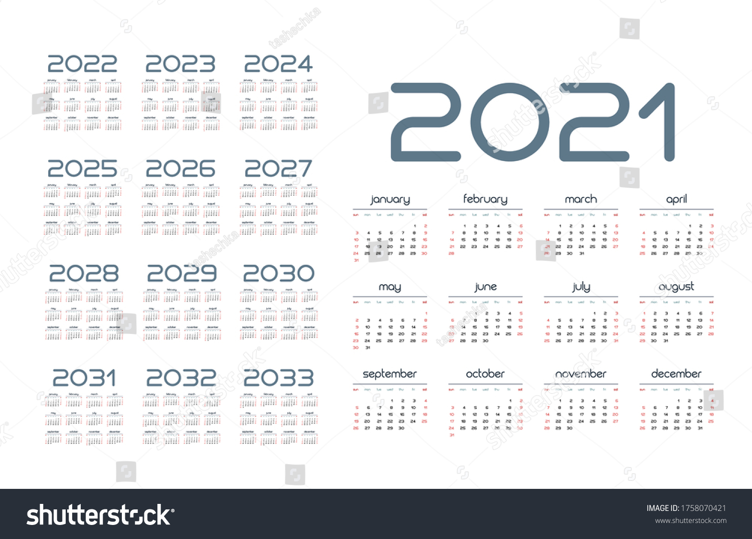 English Calendar Years 20202032 Week Starts Stock Vector (Royalty Free ...