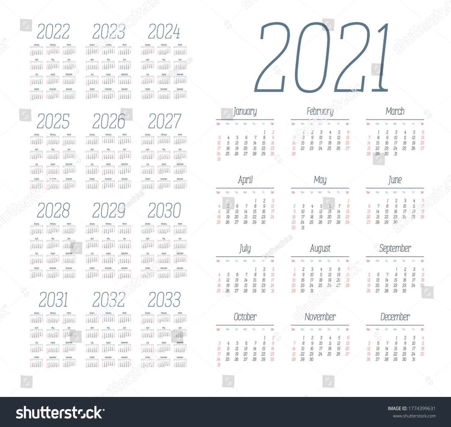 English Calendar Years 20212033 Week Starts Stock Vector (Royalty Free ...