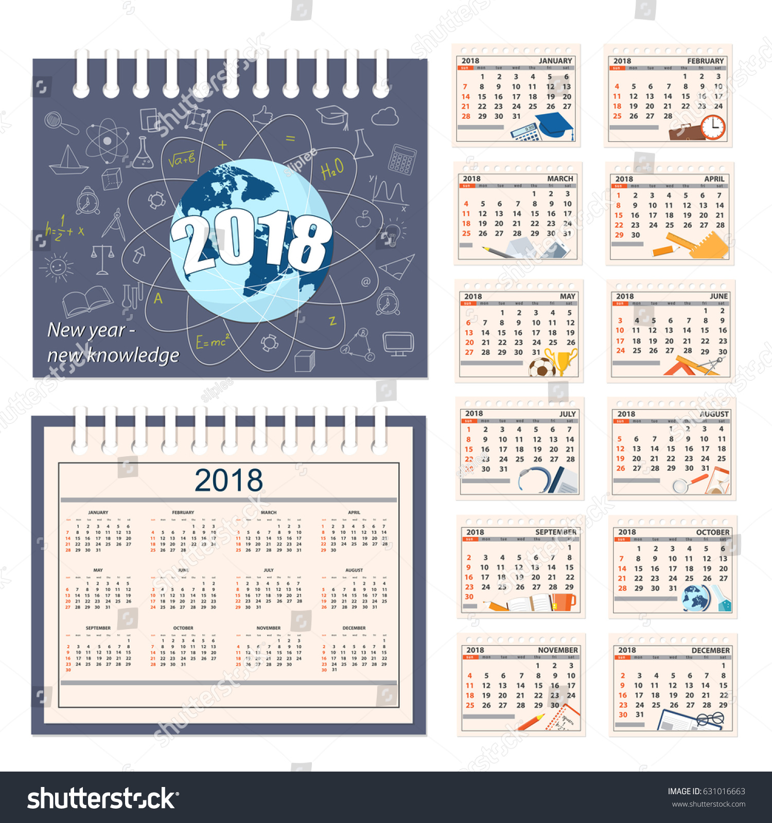 English Calendar Year 2018 Desk Wall เวกเตอร์สต็อก (ปลอดค่าลิขสิทธิ์