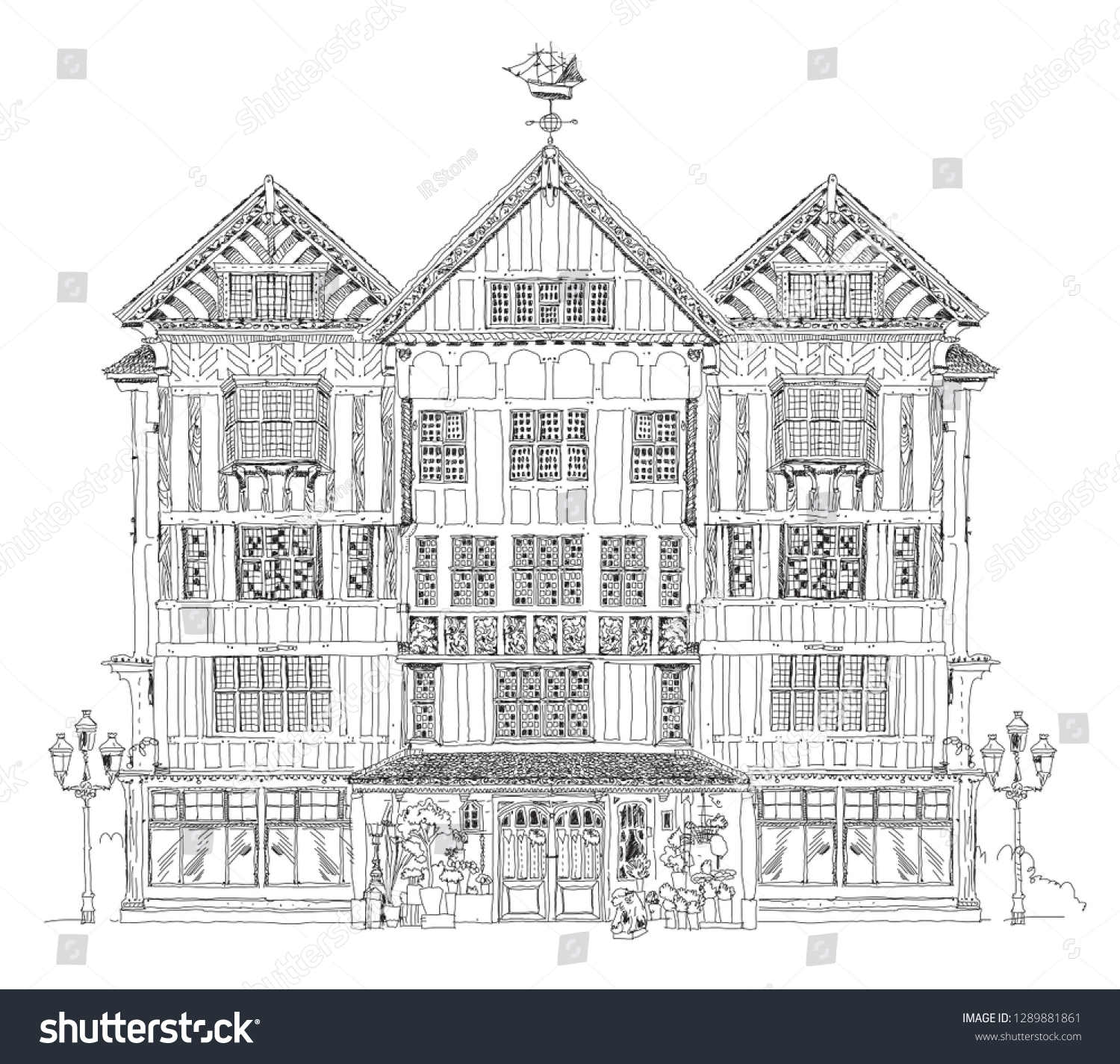 SVG of English house. Traditional architecture of the 18th century based of medieval tradition. Sketch collection. svg