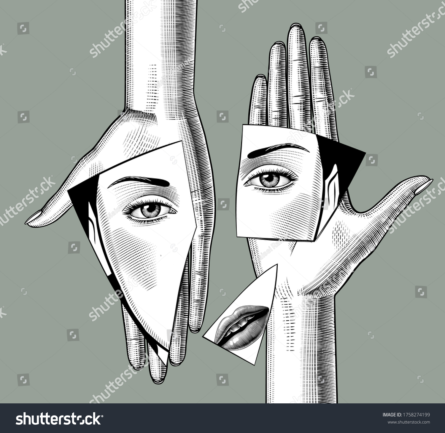 SVG of Engraved vintage drawing of fragments of a broken mirror with a reflection of a female face on female hands. Vector Illustration svg