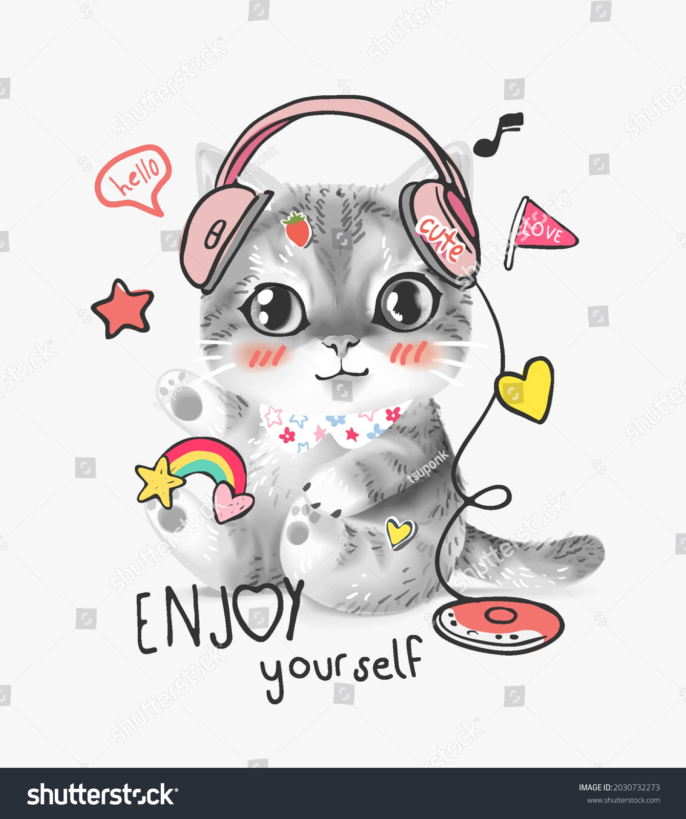 SVG of enjoy yourself slogan with cute kitten on headphone and colorful icons vector illustration svg