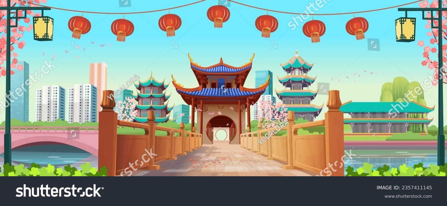 SVG of Entrance on the chinese bridge in perspective. Big Panorama chinese street with old houses, chinese arch, lanterns and a garland. Ancient temples. Chinese New Year. Vector illustration of city street. svg