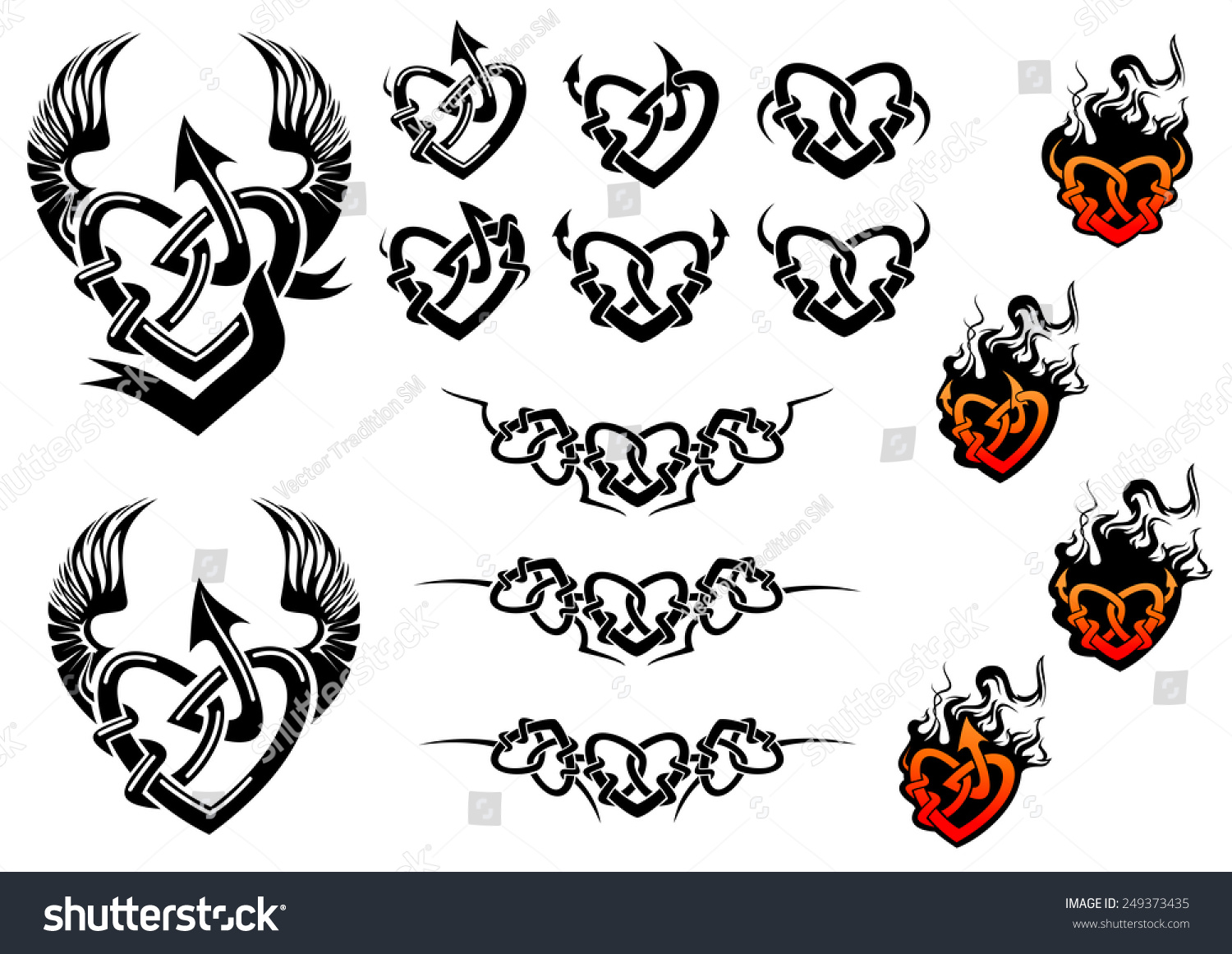 Entwined Hearts Tattoos Wings Flames Black Stock Vector 249373435 ...