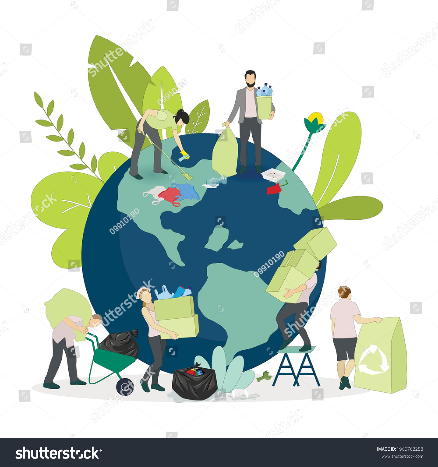 Environment Day People Collect Garbage Planet Stock Vector (Royalty ...