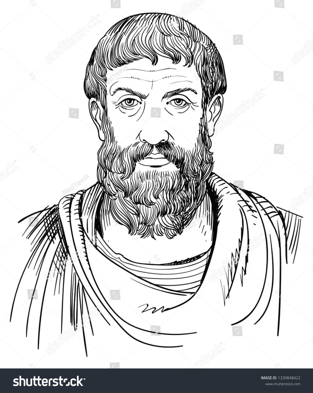 SVG of Epicurus (341-270 BC) portrait in line art. He was Greek philosopher, founder of Epicureanism who held that the highest good is pleasure and the world is a series of fortuitous combinations of atoms. svg