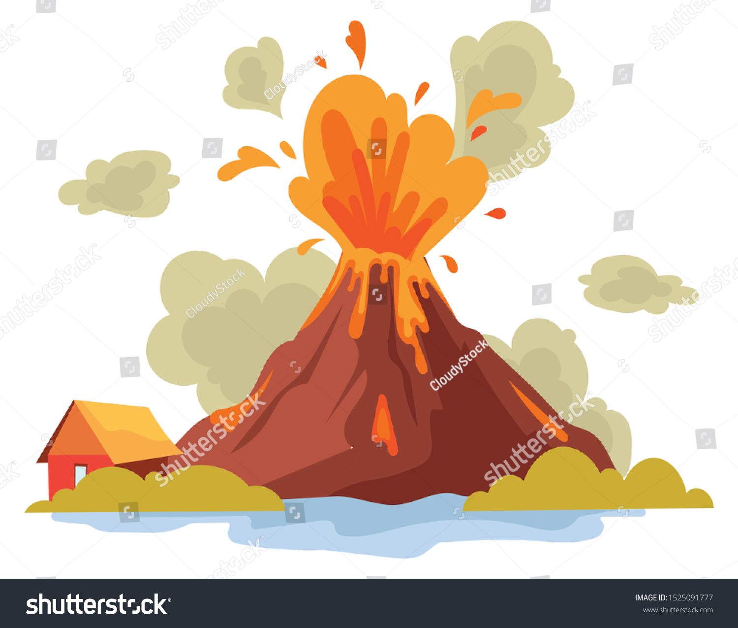 その島での火山の噴火 熱いマグマアースの放出 自然災害 子のカラーイラスト のベクター画像素材 ロイヤリティフリー