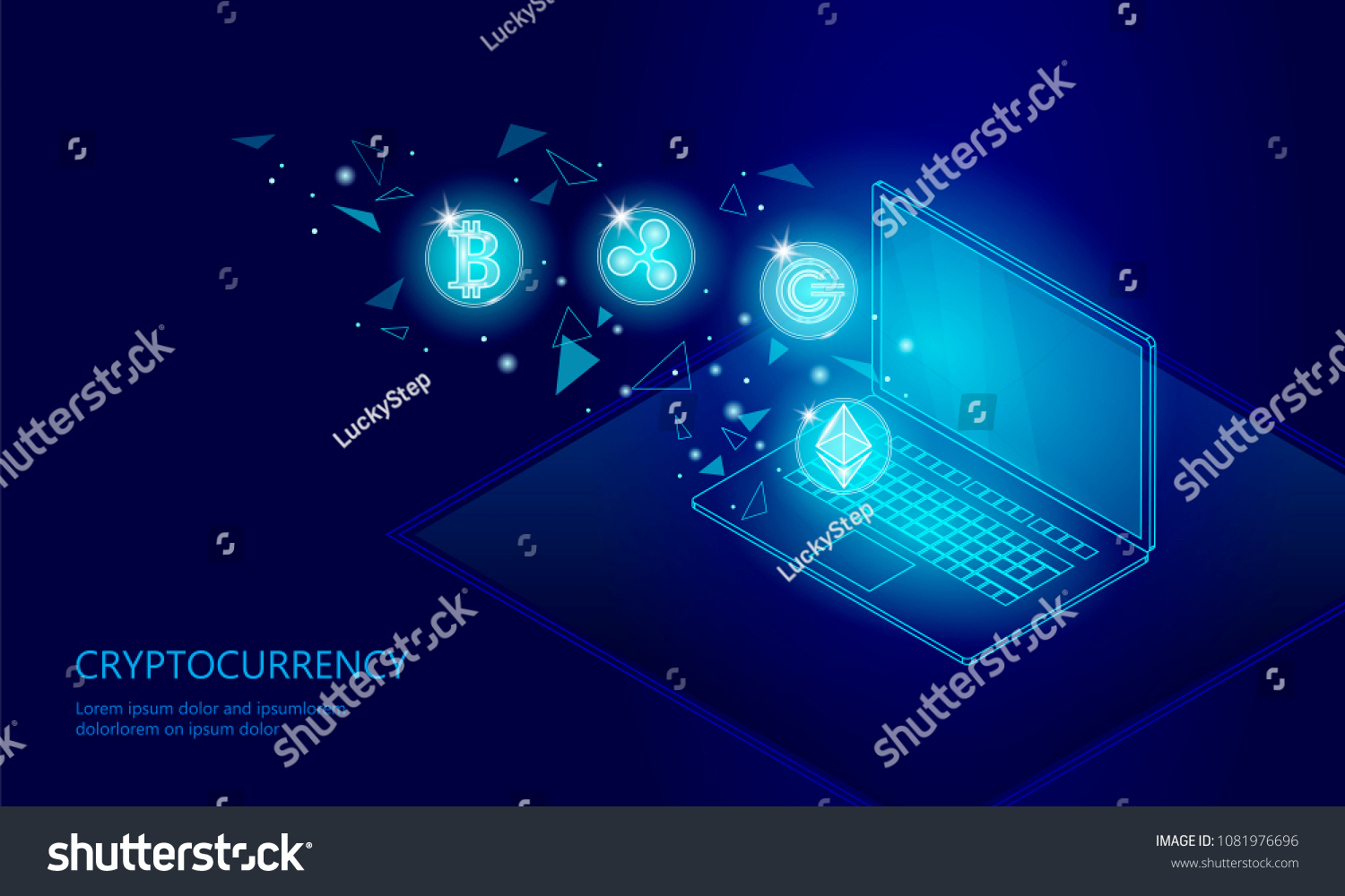 SVG of Ethereum Bitcoin Ripple coin digital cryptocurrency laptop pc cell web online payment. Big data information exchange technology. Blue isometric web internet electronic payment vector illustration svg