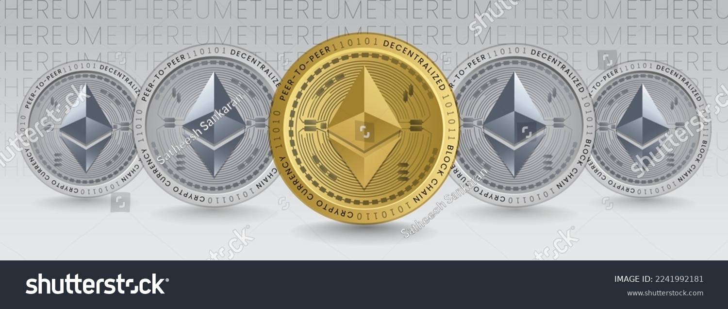 SVG of Ethereum ETH Cryptocurrency token golden and silver coins background. Futuristic virtual money and finance concept vector illustration for poster, banner and social media headers. svg