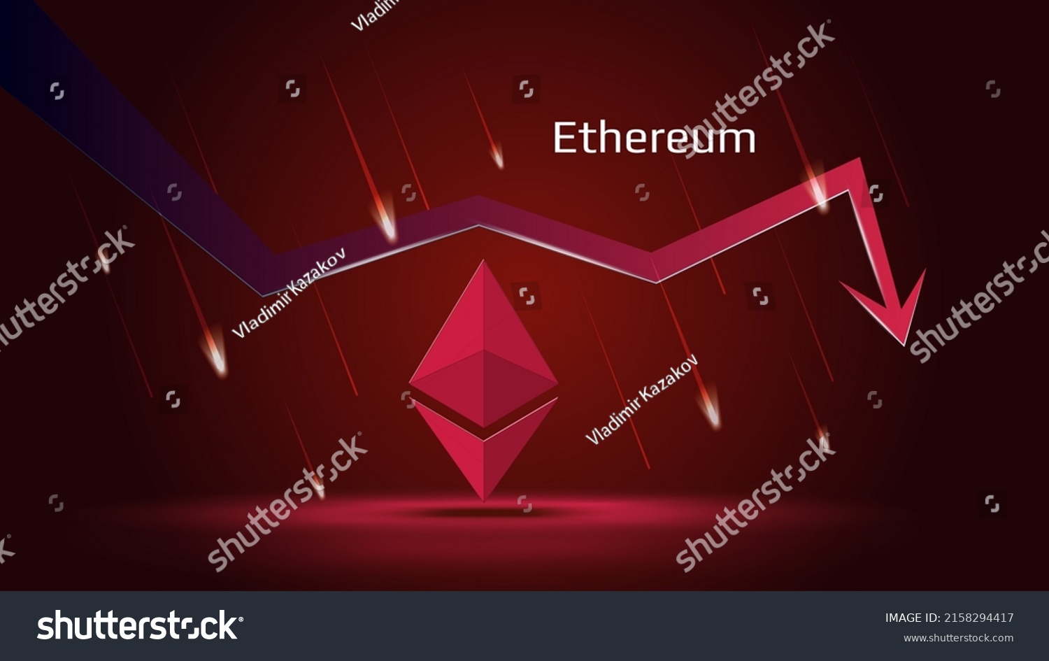 SVG of Ethereum ETH in downtrend and price falling down on dark red background. Cryptocurrency coin symbol and red down arrow with falling meteors. Trading crisis and crash. Vector illustration. svg