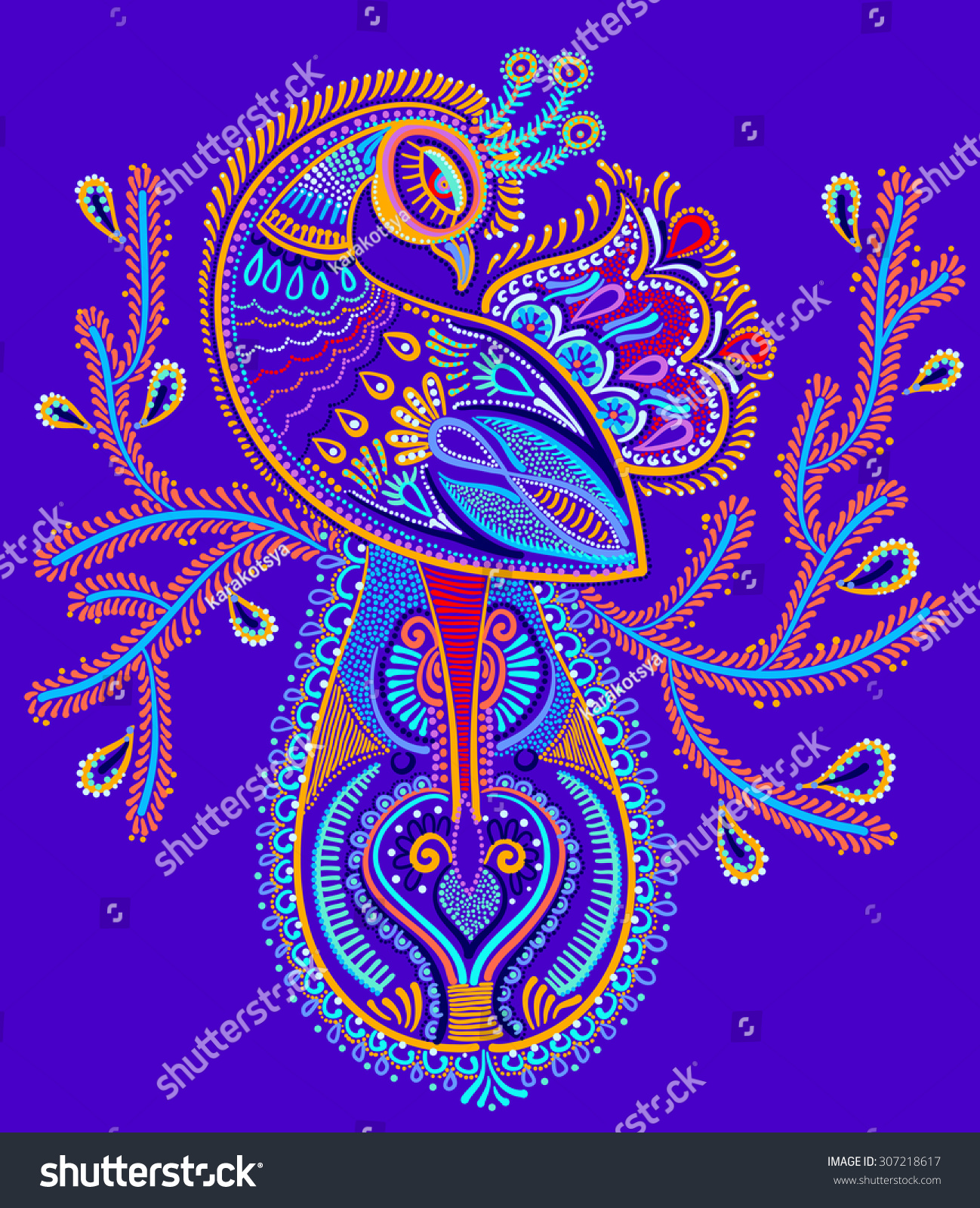 Ethnic Folk Art Peacock Bird Flowering Stock Vector 307218617 ...