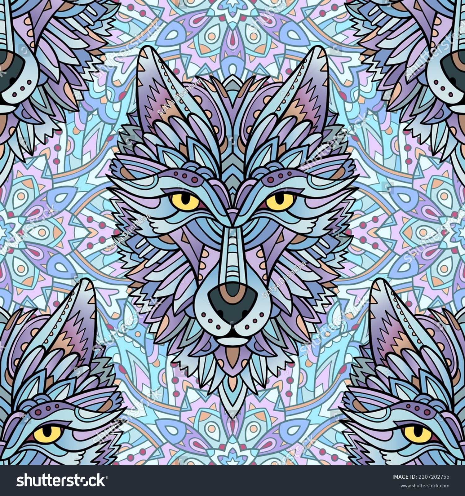 SVG of Ethnic ornamental seamless pattern with wolf head and mandala. Decorative fabric design. svg
