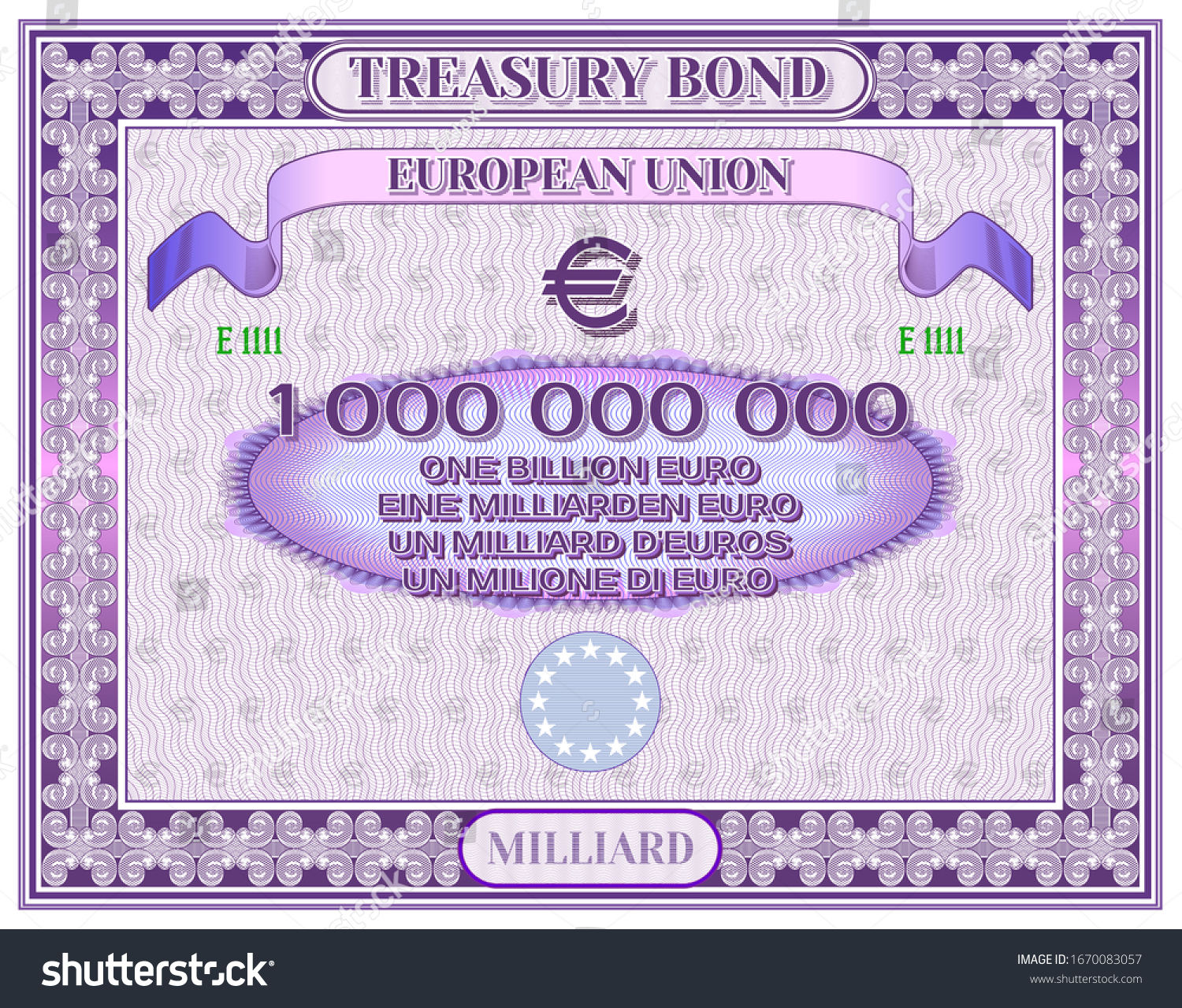 SVG of EU treasury bond in purple frame and guilloche mesh inscription billion euros in German, French and Italian svg