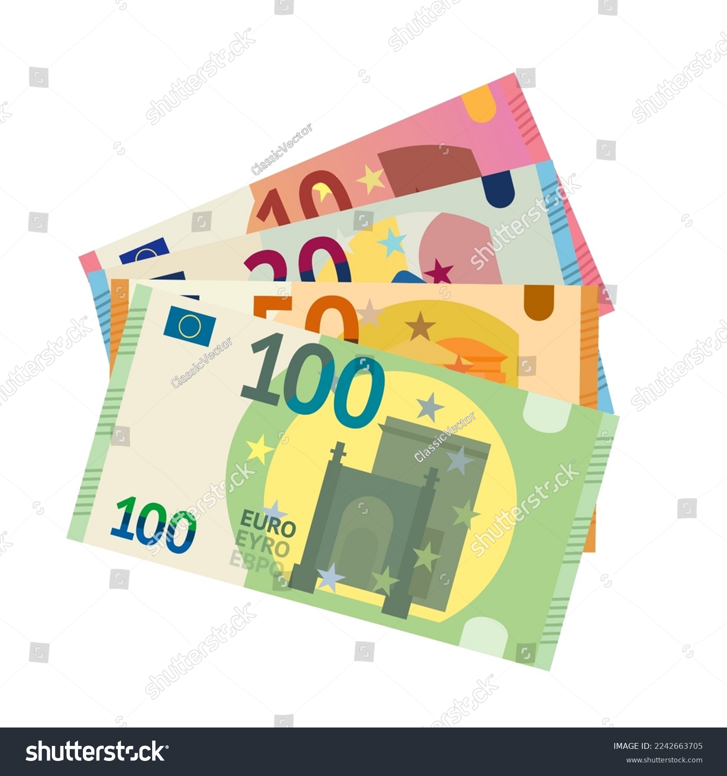 SVG of Euro paper money set vector illustration. Cartoon isolated European banknotes collection and fan of bills in denominations of 10, 20, 50 and 100 euros, front view of cash currency pile from Europe svg