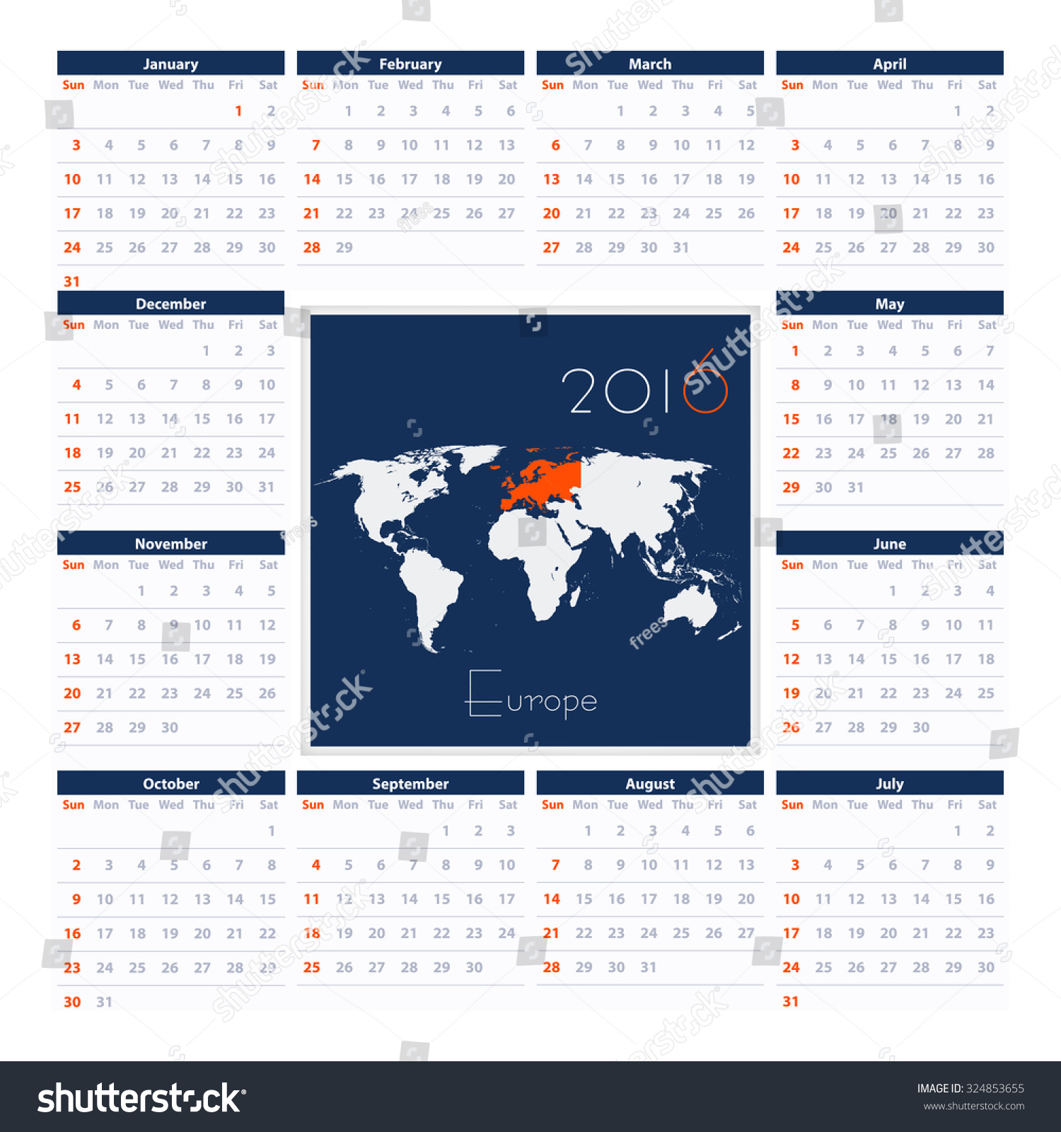 Europe 2016 Calendar Vector Template Week Stock Vector (Royalty Free