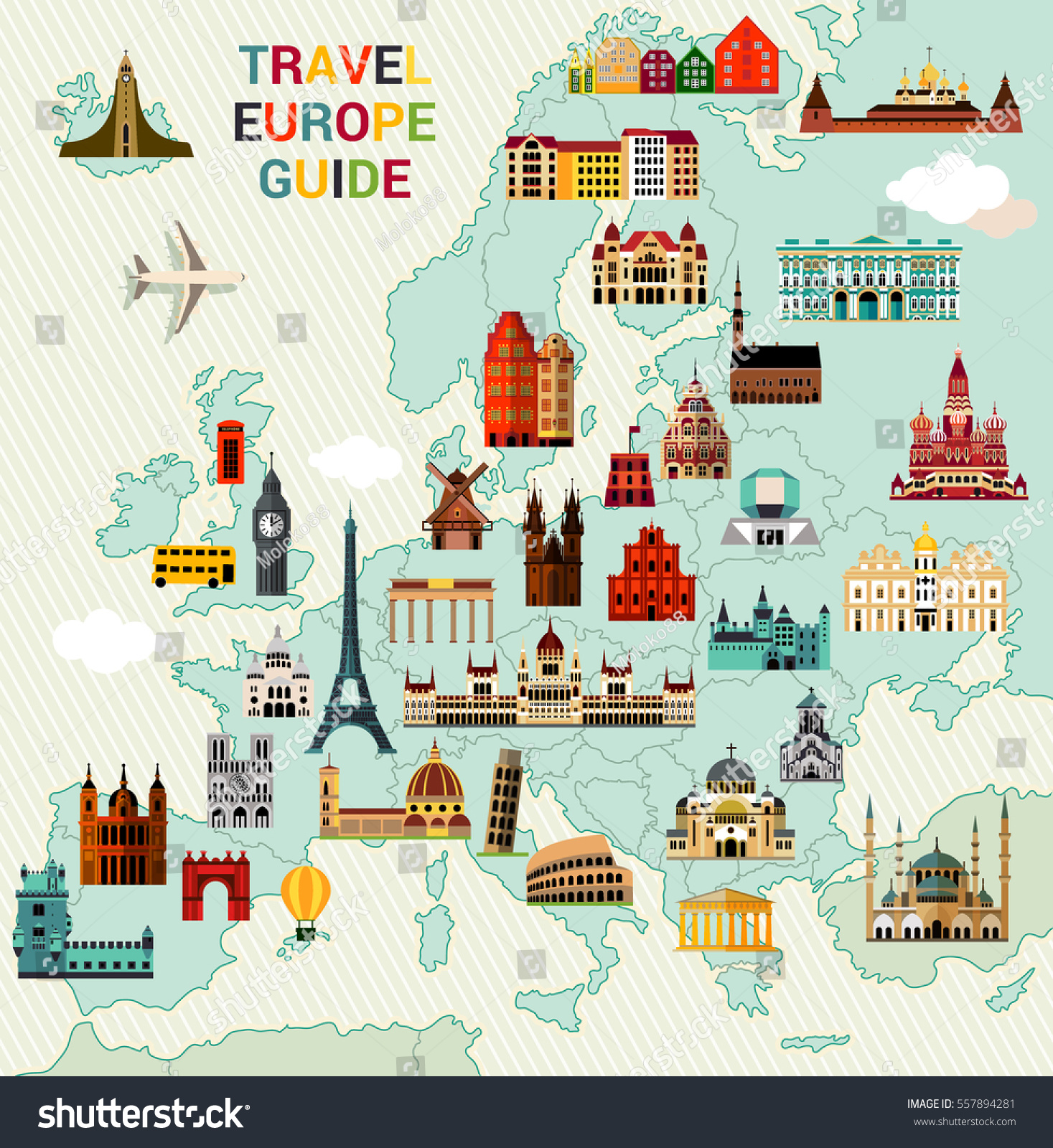 Europe Map Famous Sightseeing Travel Guide Stock Vector 557894281 ...